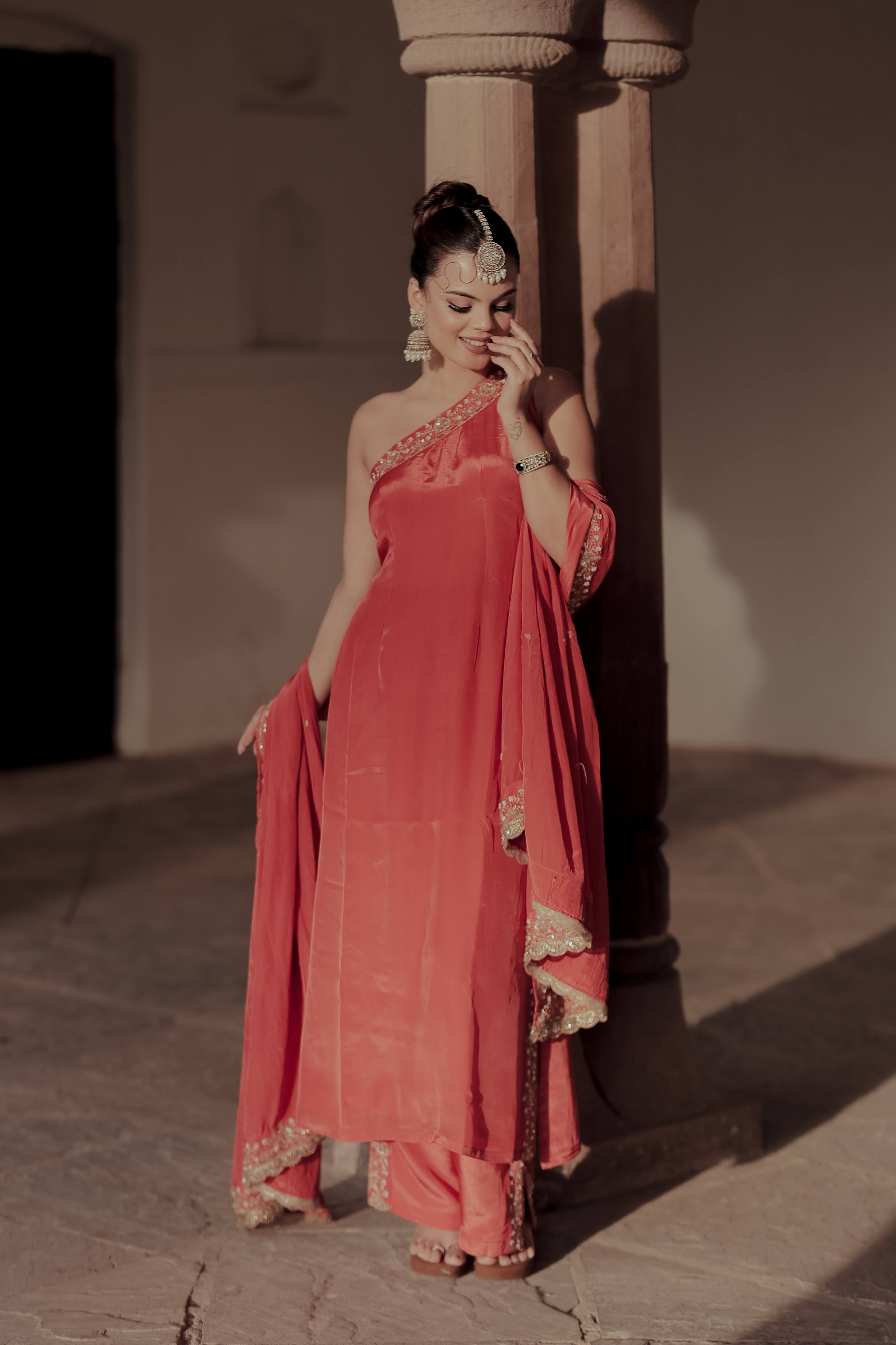 Orange Crepe Silk Off-Shoulder Kurta Pant Set
