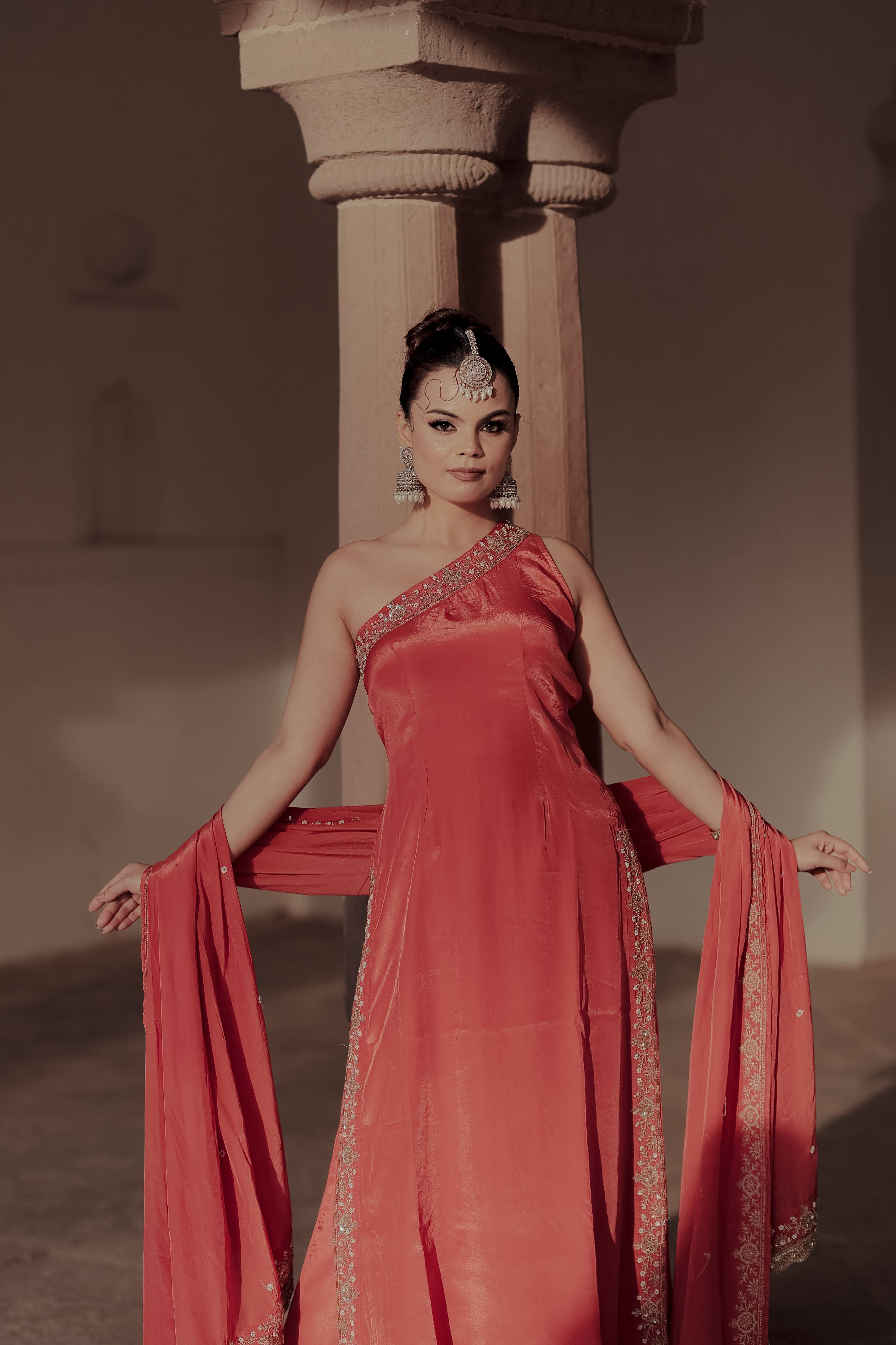 Orange Crepe Silk Off-Shoulder Kurta Pant Set