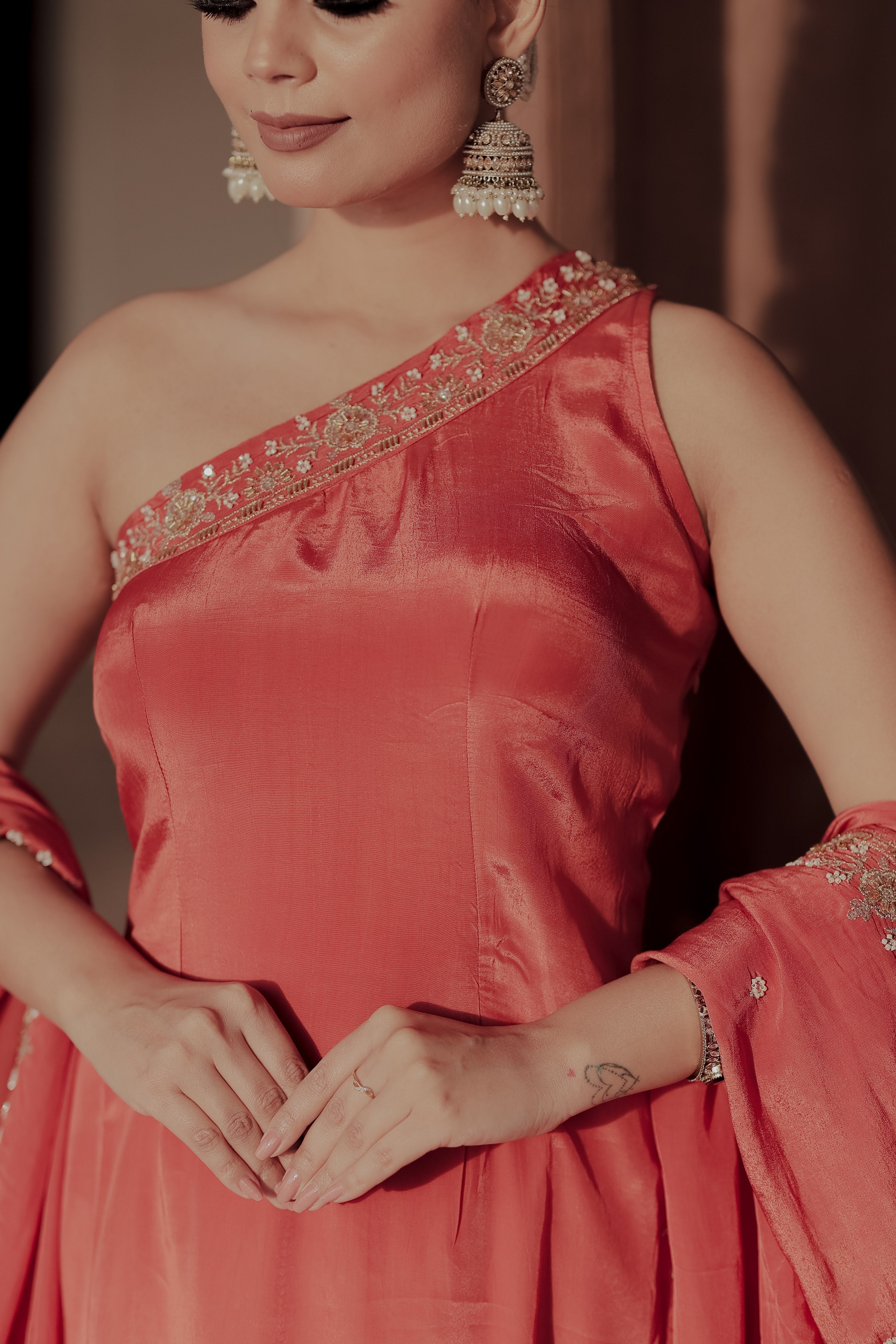 Orange Crepe Silk Off-Shoulder Kurta Pant Set