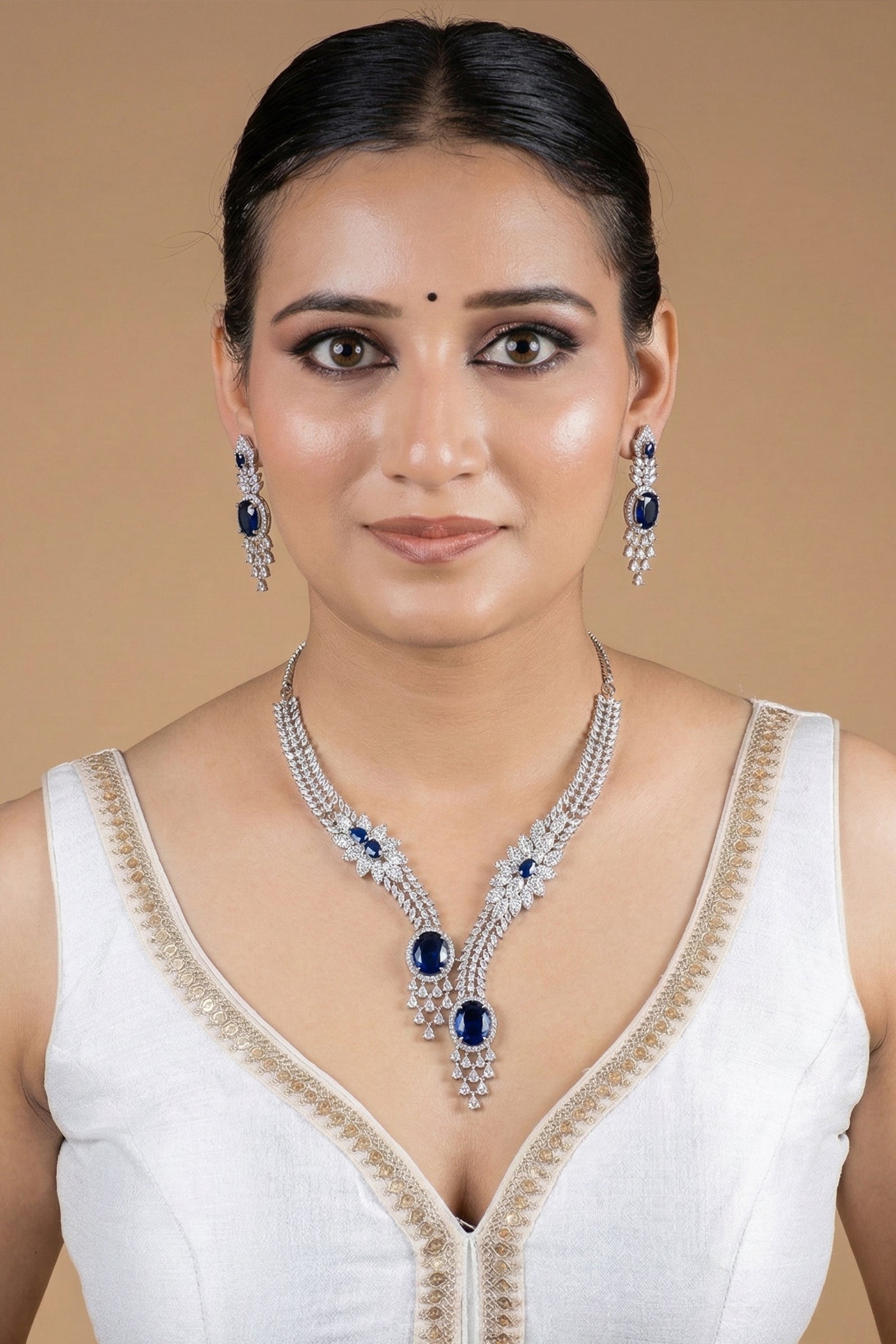 Blue & Silver-Tone Oval shaped American Diamond Necklace Set with Floral Motif