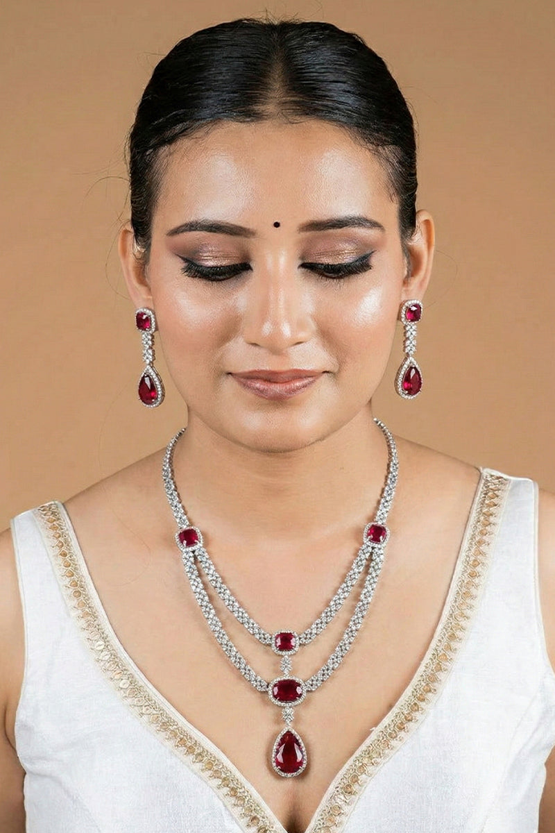 Ruby Oval-Cut Necklace Set with American Diamond Detailing