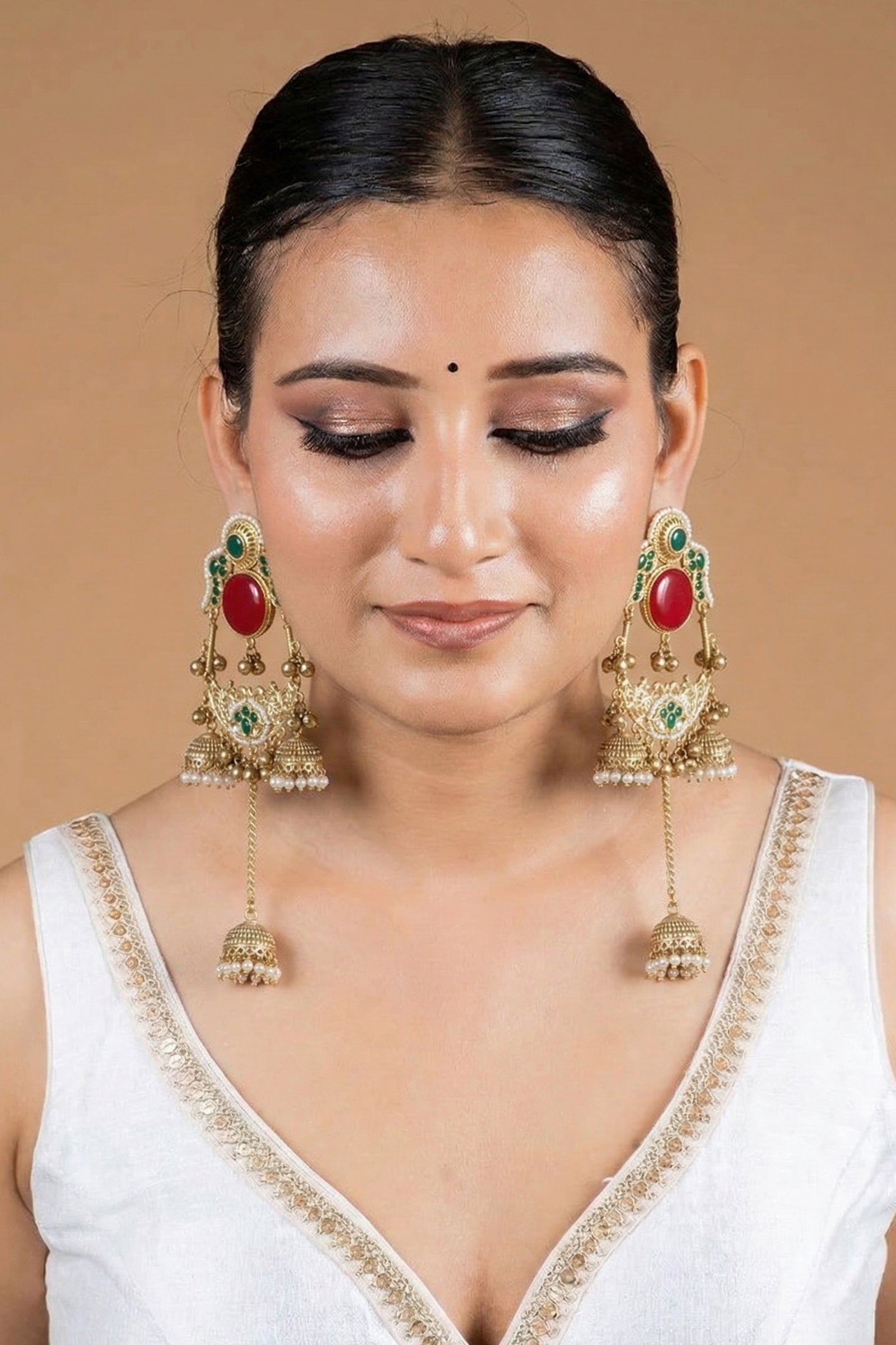 Royal Red & Green Kundan Golden Jhumka Earrings with Multi-Layer Kanoti