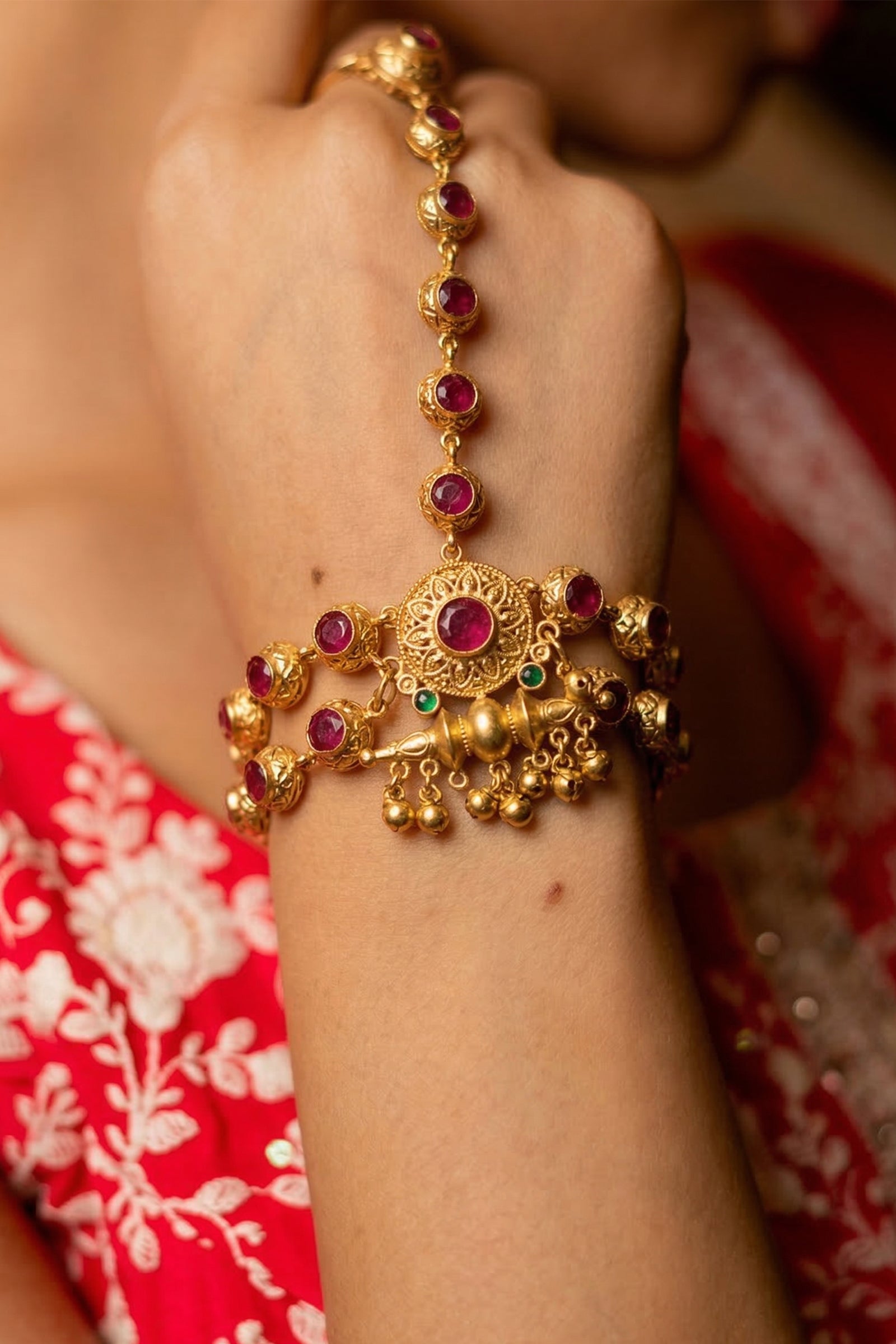 Royal Red Stone Golden Hathphool Bracelet with Jhumka Drop