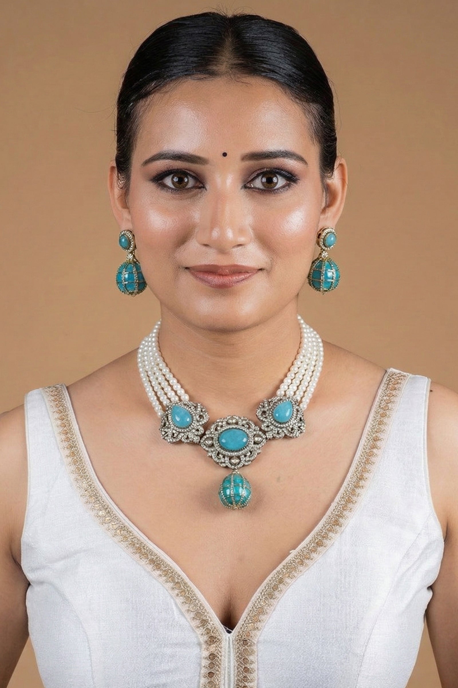 Turquoise Oval Stone Pearl Strand Necklace Set with Antique Golden Floral Detailing & Matching Drop Earrings