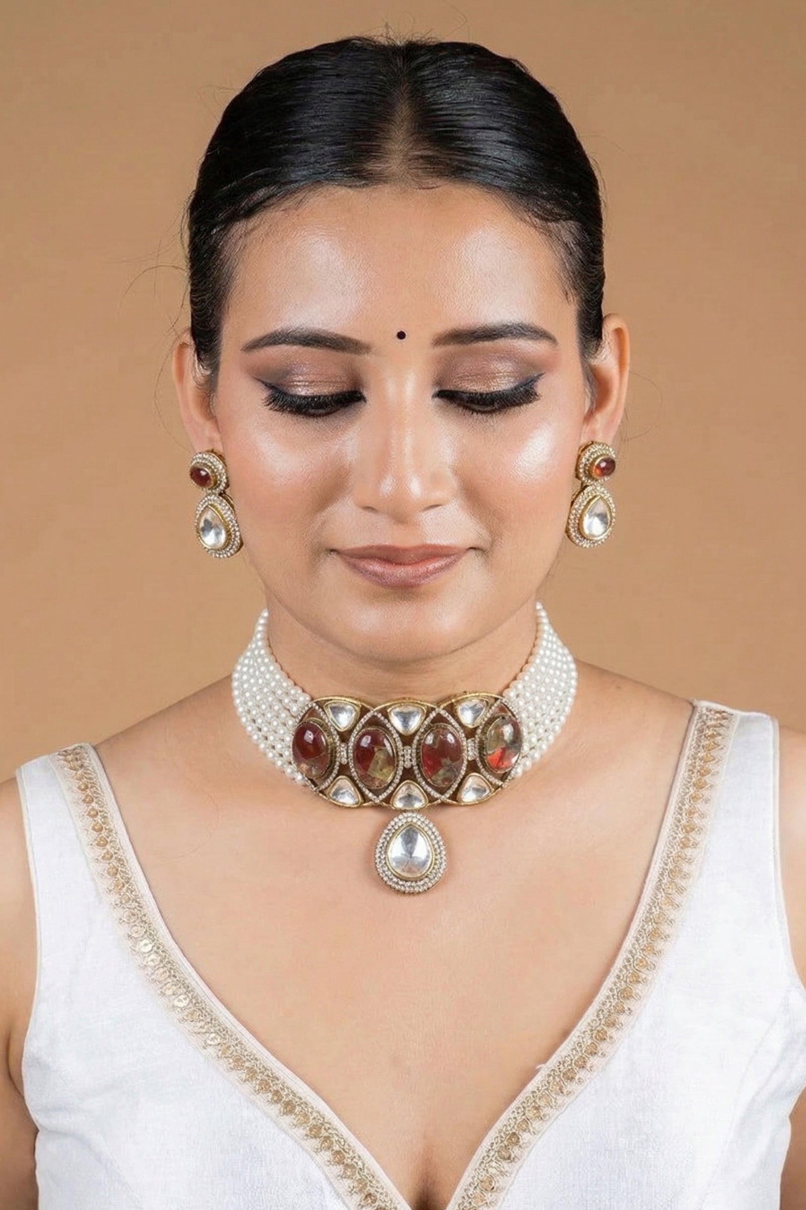 Pearl Multi-Strand Kundan Necklace Set with Red & White Teardrop Stones and Matching Earrings