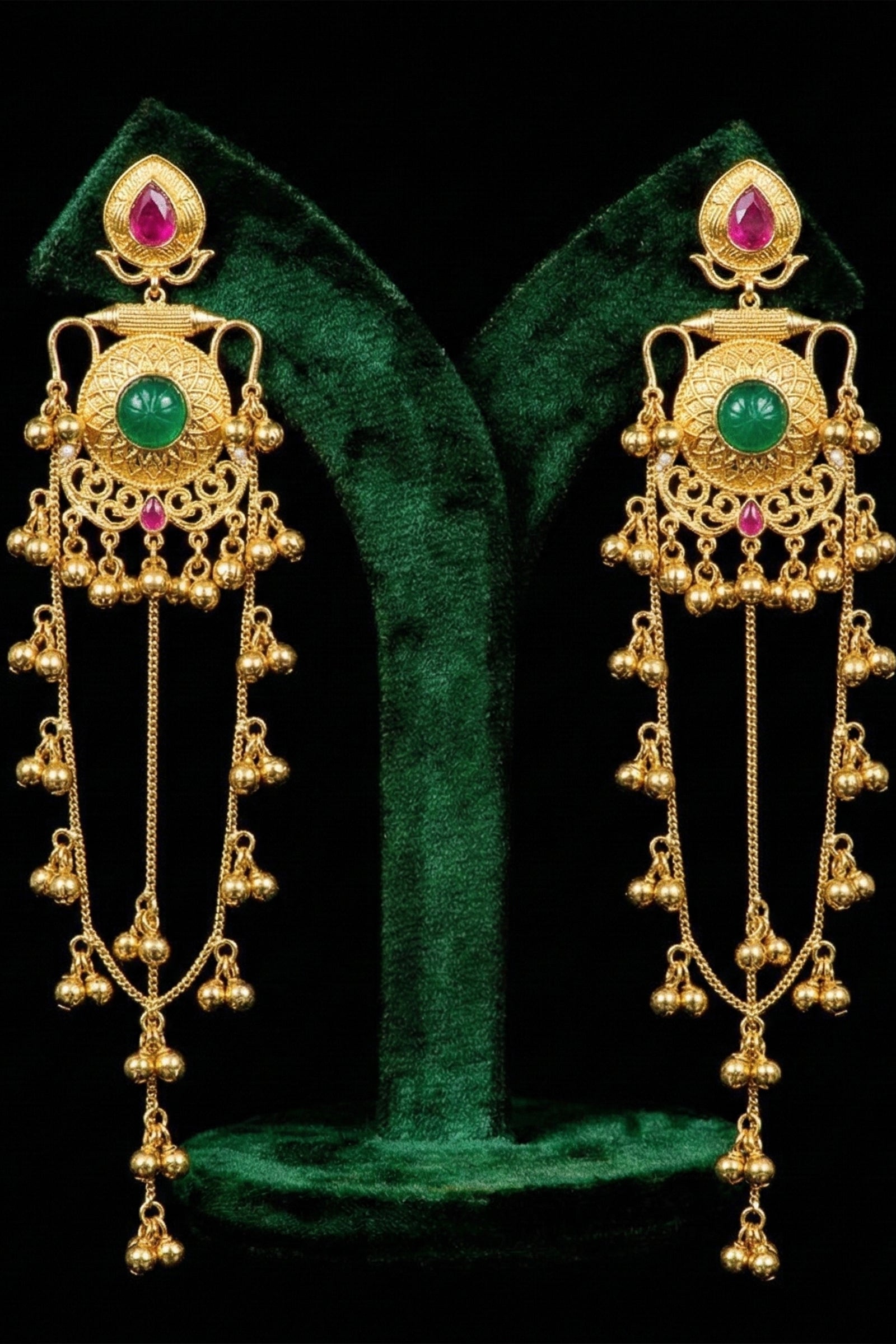 Royal Red & Green Stone Teardrop Earrings with Kanoti Chain