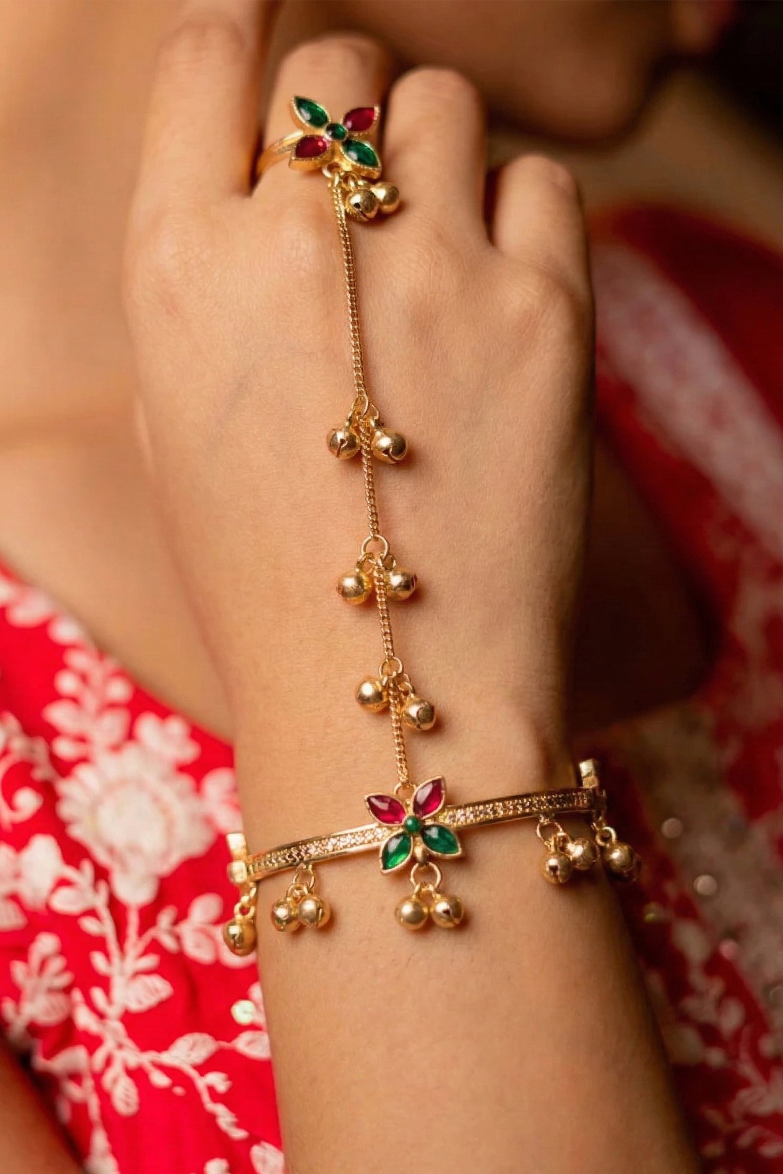 Royal Red & Green Stone Golden Hathphool Bracelet with Ring