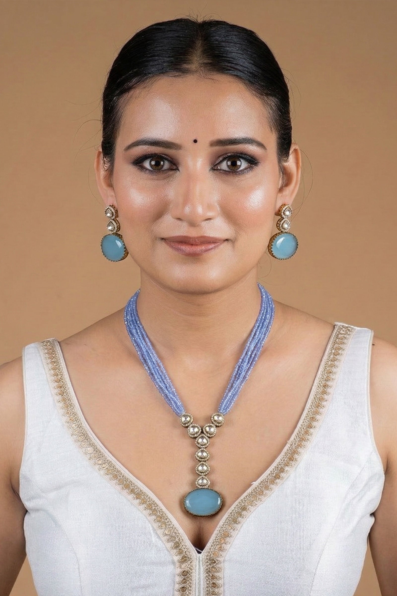 Sky Blue Multi-Strand Beaded Necklace with Antique Gold Oval Pendant & Matching Drop Earrings