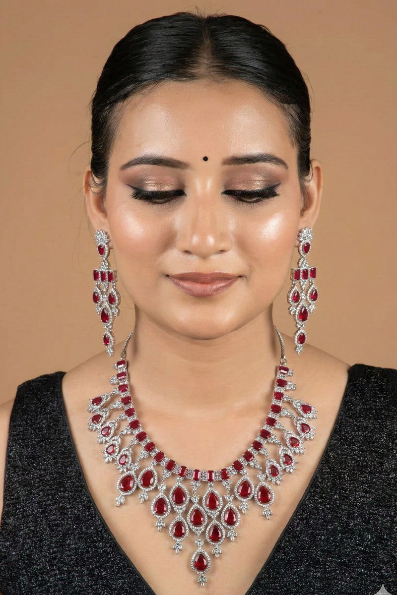 Royal Ruby Teardrop Diamond-Studded Statement Necklace with Cascading Drop Design