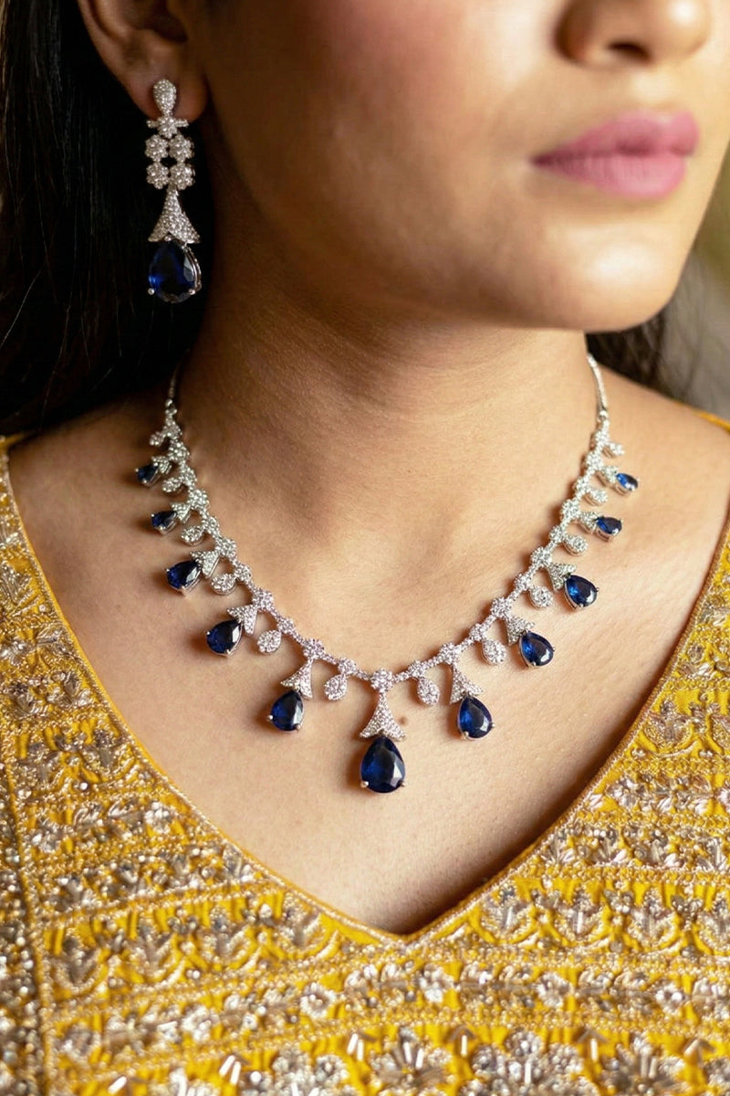 Midnight Blue Teardrop Stone Necklace Set with Floral Diamond-Studded Detailing
