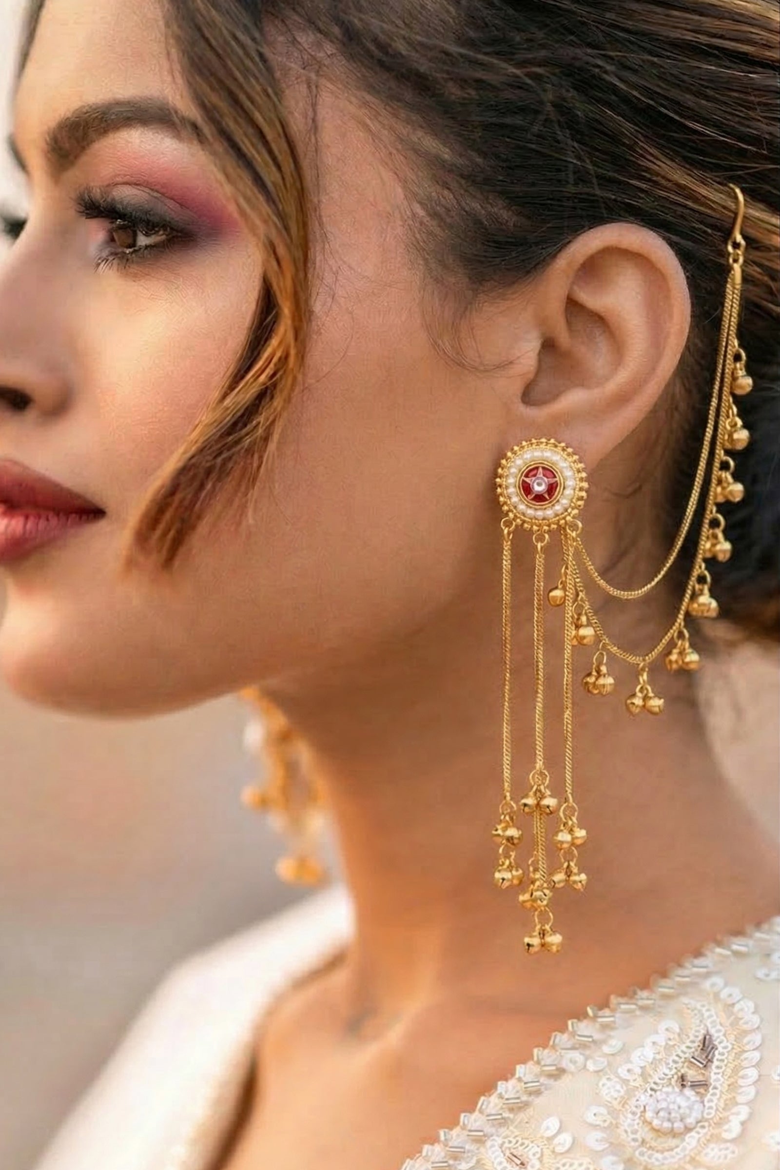 Gold-Tone Temple Earrings with Pearl Drops & Goddess Motif