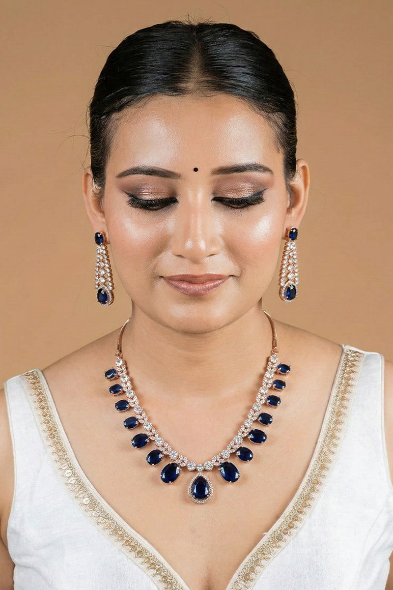 Emerald Teardrop Stone Necklace Set with American Diamond Detailing