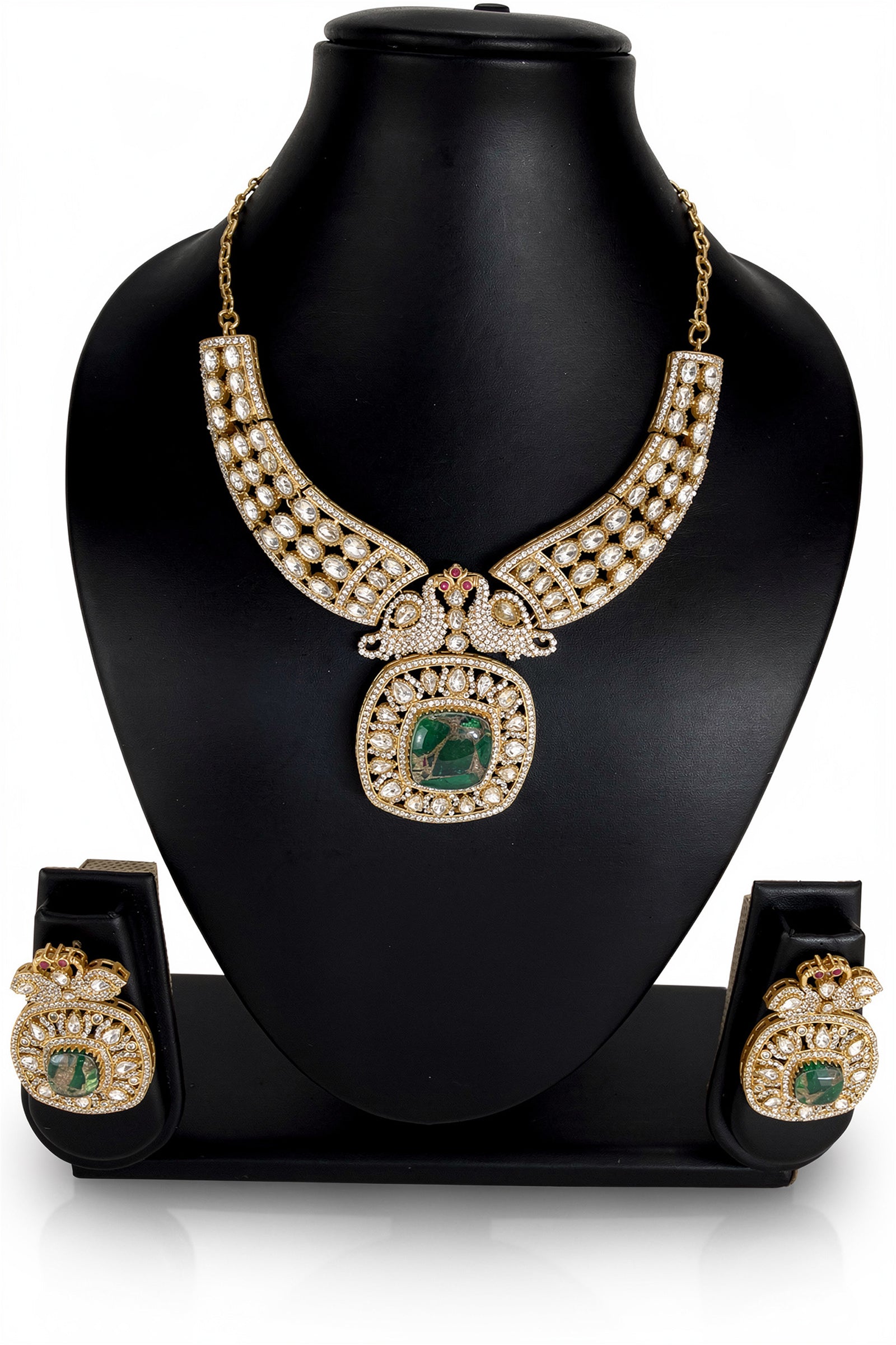 Gold Kundan-Style Green Stone Necklace Set with Intricate Filigree Detailing & Matching Earrings