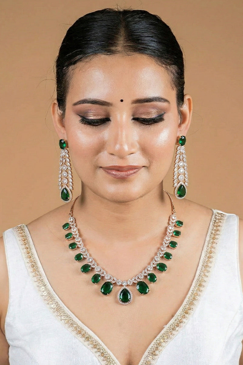 Sapphire Teardrop Stone Necklace Set with American Diamond Detailing