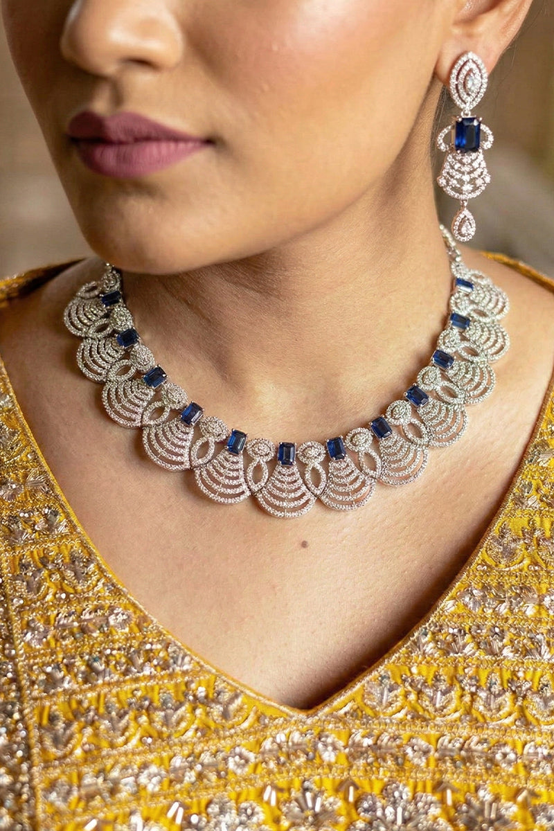 Midnight Blue Square-Cut Stone Necklace Set with Layered Diamond Fan Motif