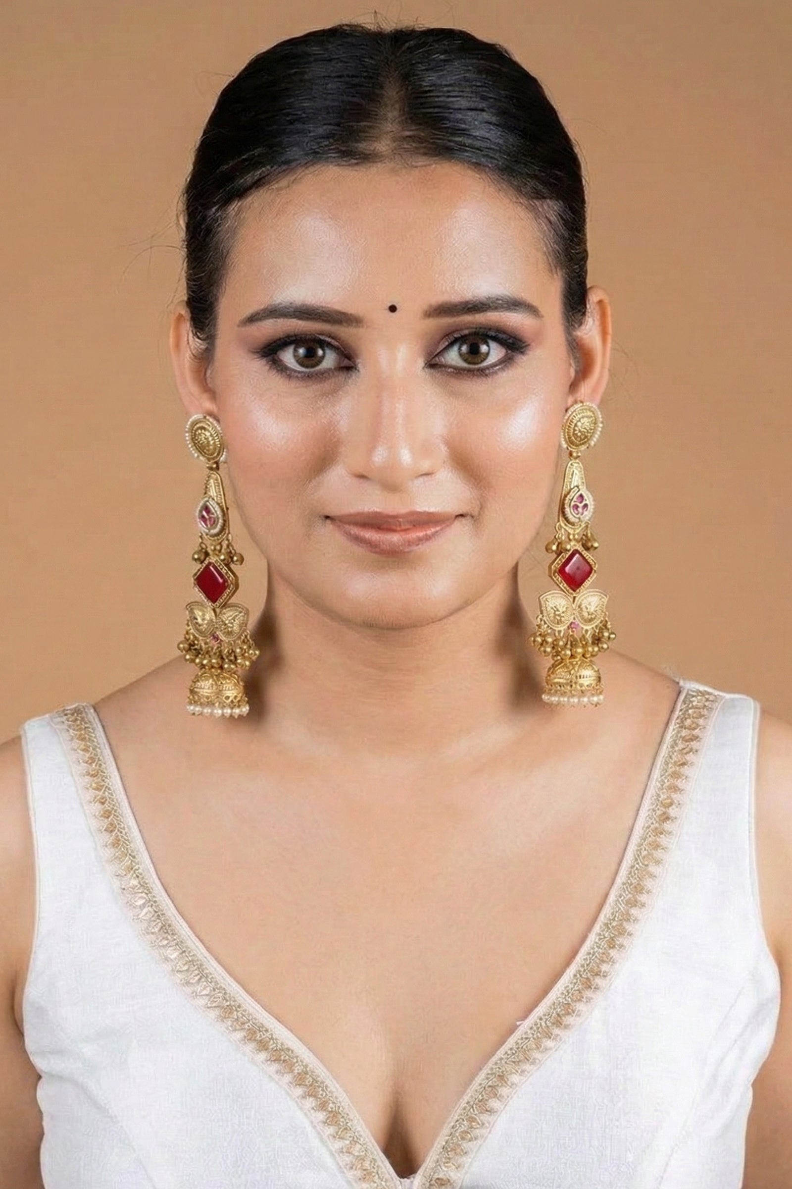 Red Stone Jhumka Earrings with Multi-Layer Pearl Chains