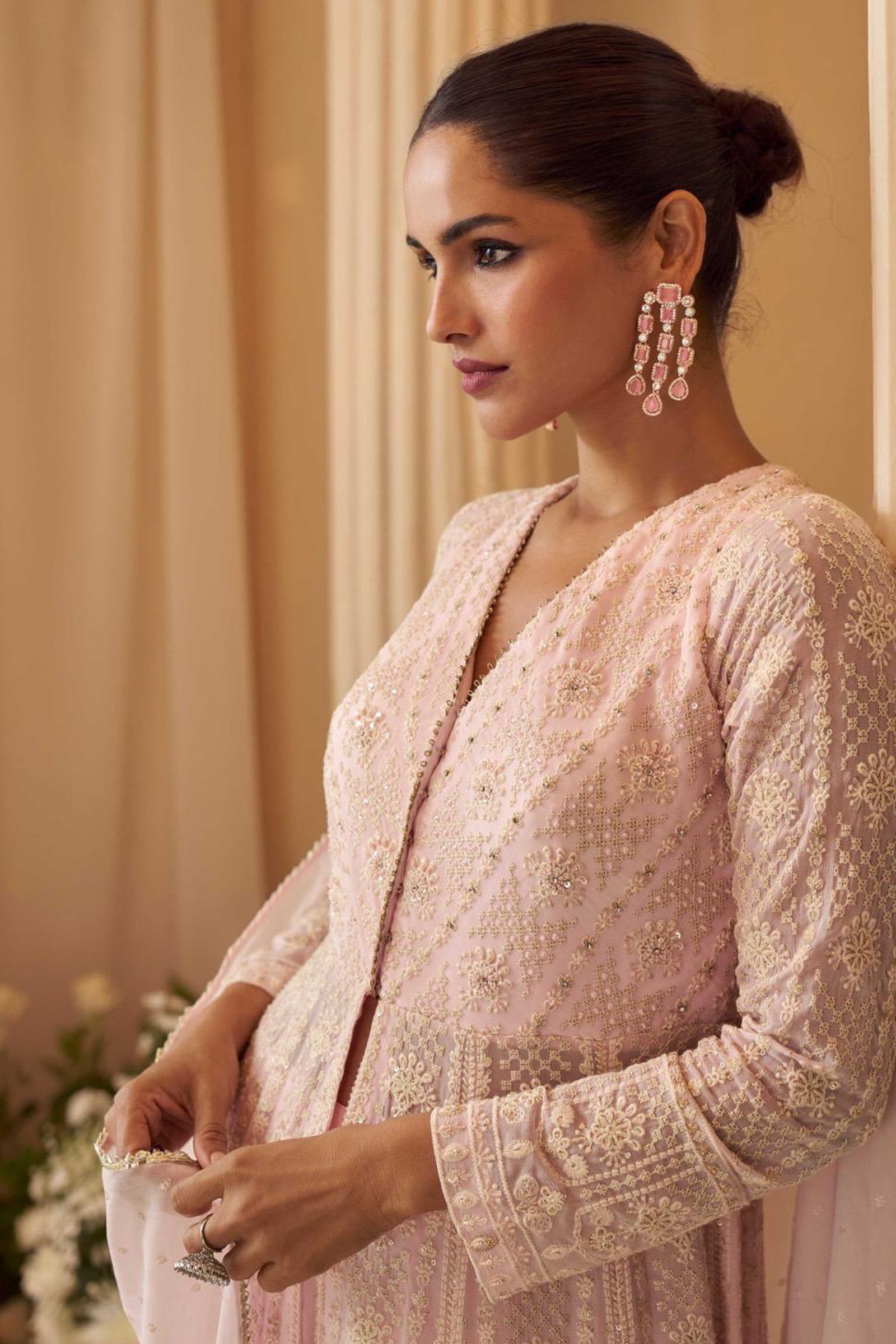 Powder Pink Georgette Front-Slit Anarkali with Intricate Ivory Threadwork