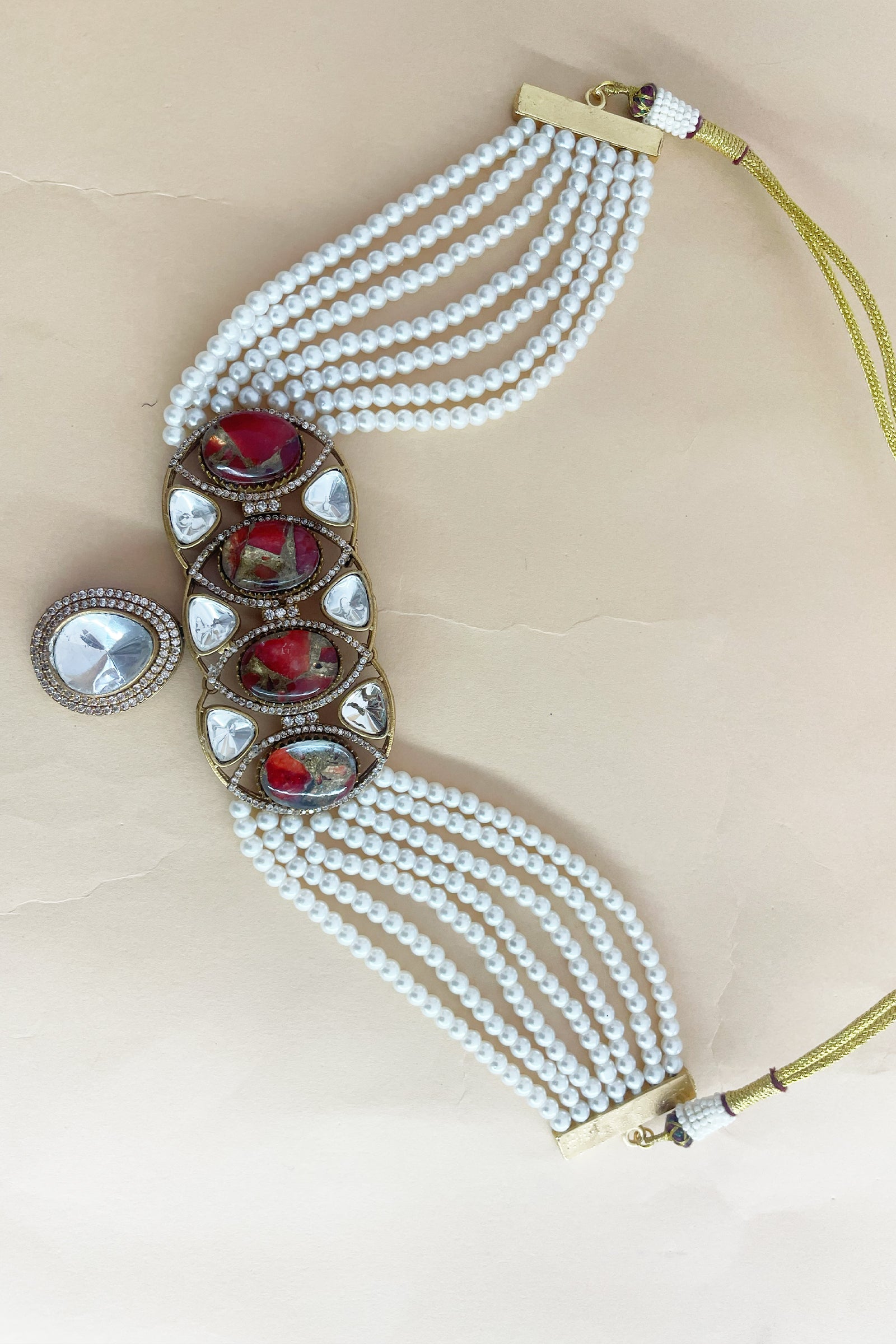 Pearl Multi-Strand Kundan Necklace Set with Red & White Teardrop Stones and Matching Earrings