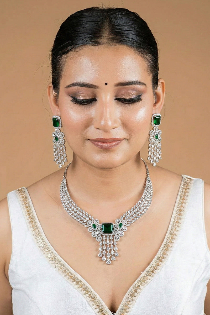 Green Silver Tone American Diamond Necklace Set with Floral Motif