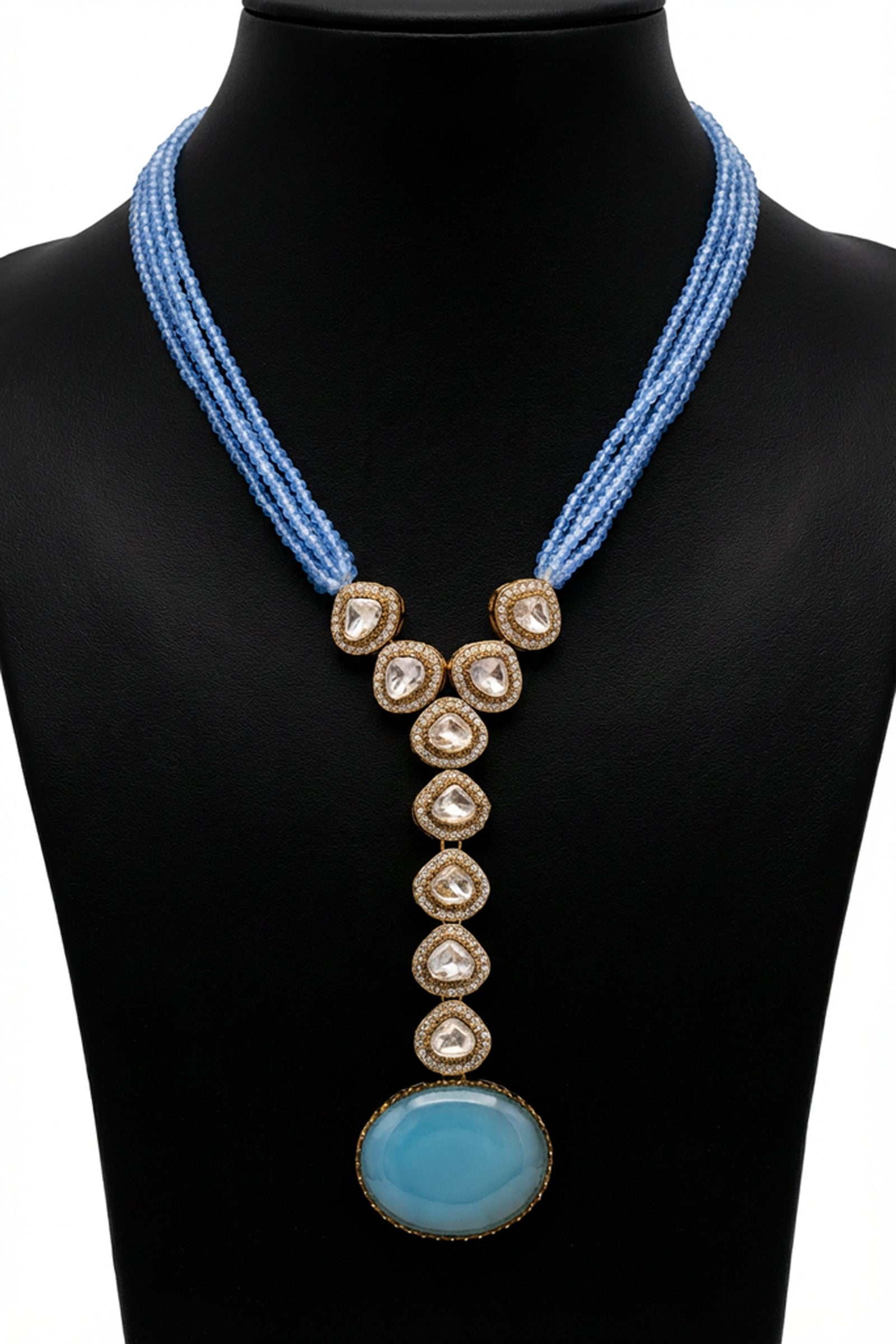 Sky Blue Multi-Strand Beaded Necklace with Antique Gold Oval Pendant & Matching Drop Earrings