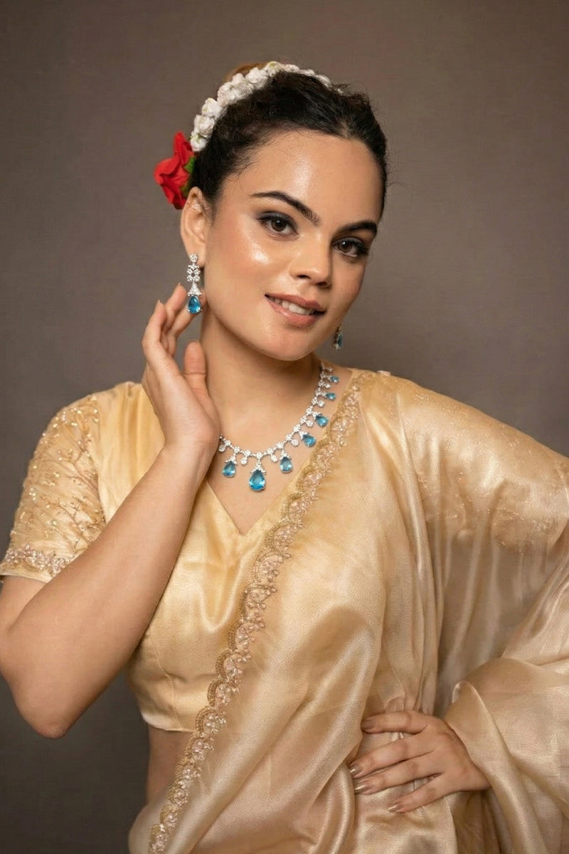 Sky Blue Teardrop Stone Necklace Set with Floral Diamond-Studded Detailing