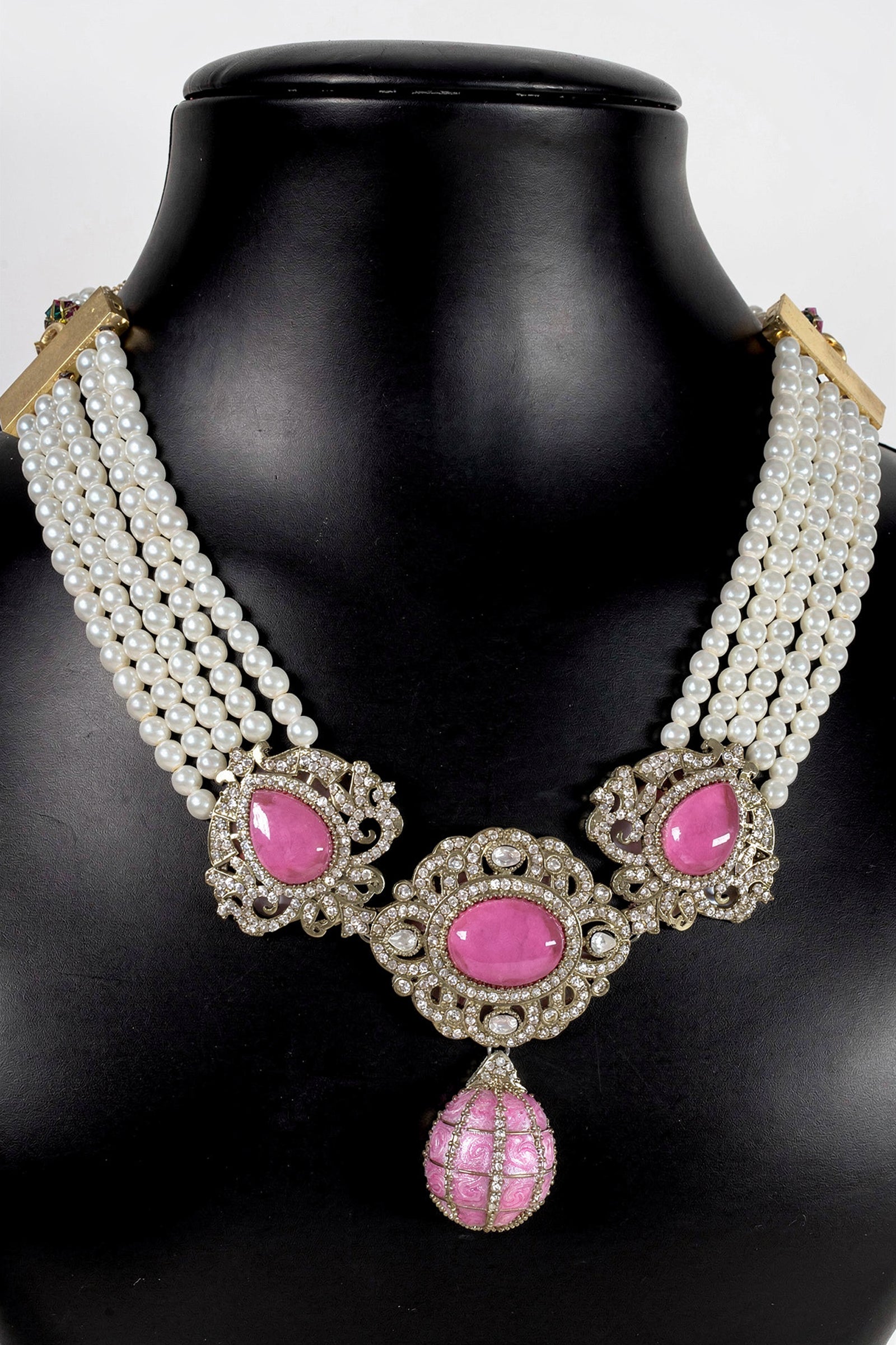 Rose Pink Oval Stone Pearl Strand Necklace Set with Antique Golden Floral Detailing & Matching Drop Earrings