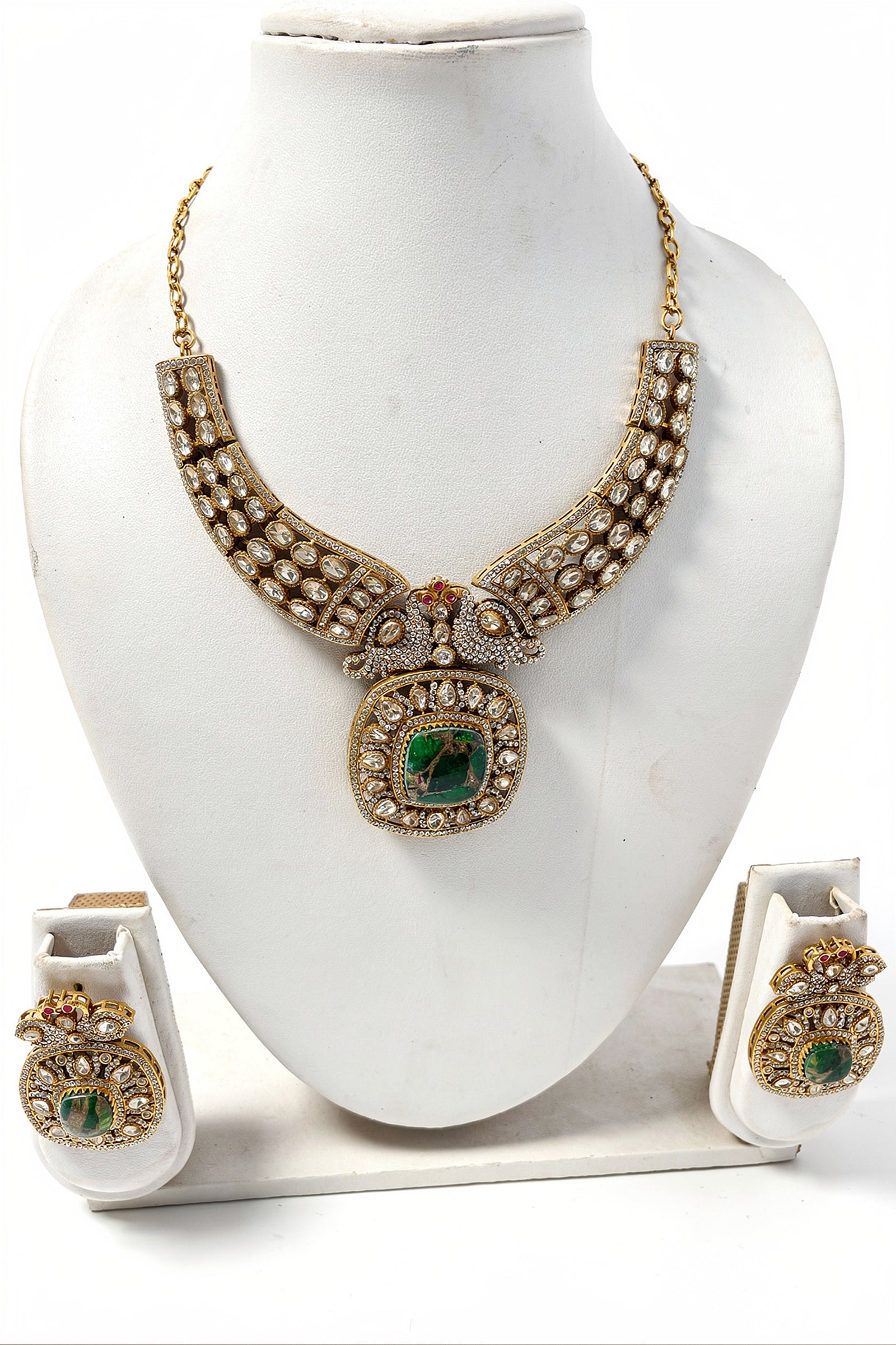 Gold Kundan-Style Green Stone Necklace Set with Intricate Filigree Detailing & Matching Earrings