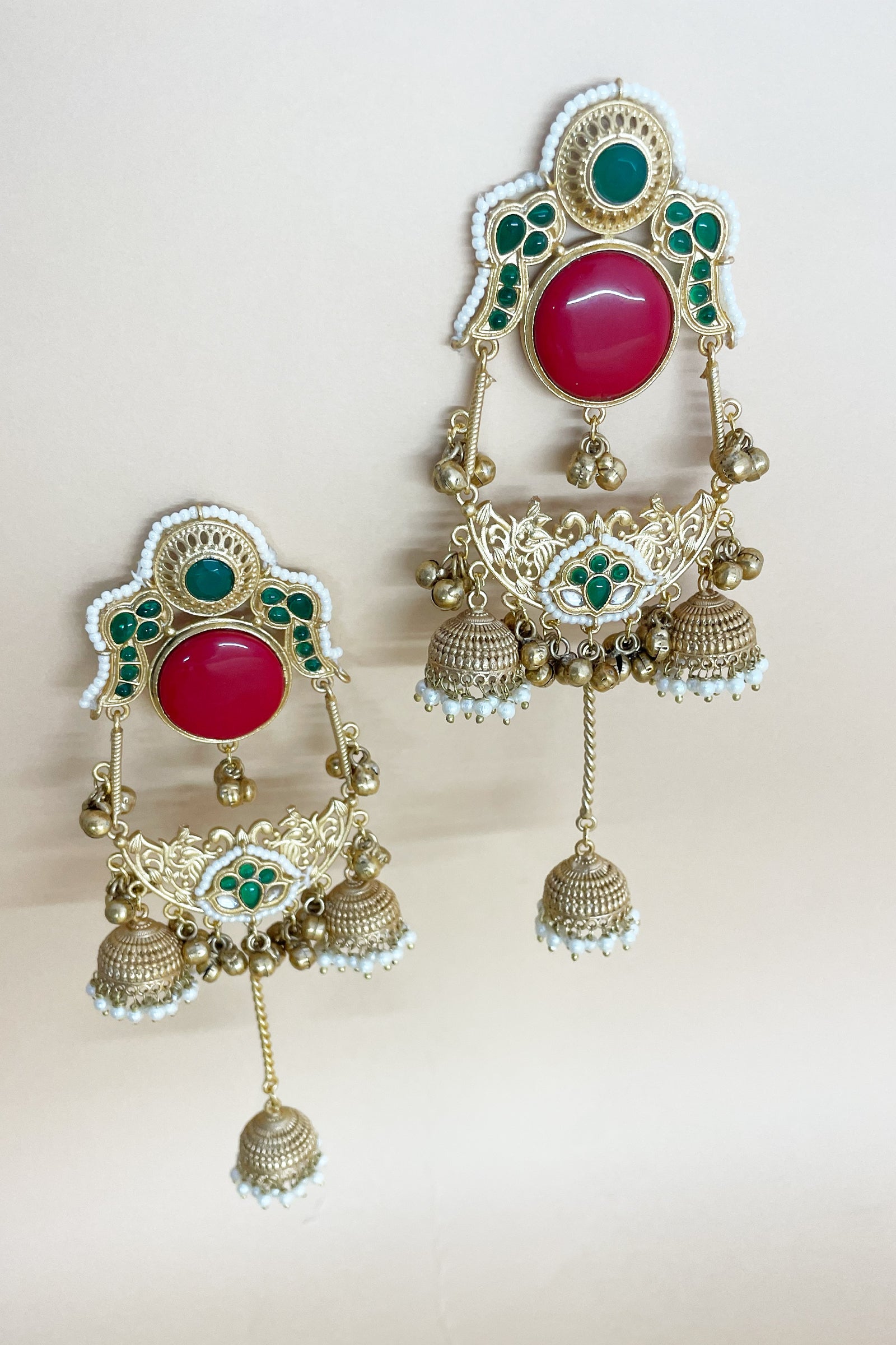 Royal Red & Green Kundan Golden Jhumka Earrings with Multi-Layer Kanoti