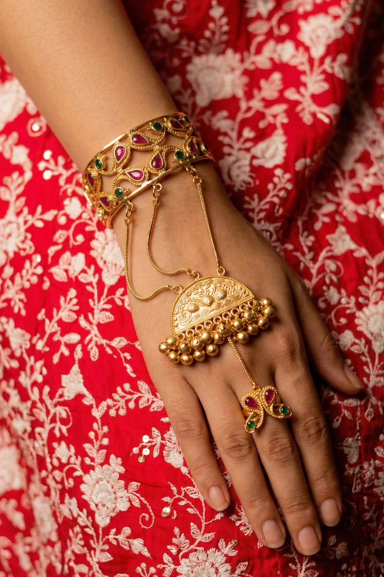 Royal Red & Green Stone Golden Hathphool with Floral Pattern