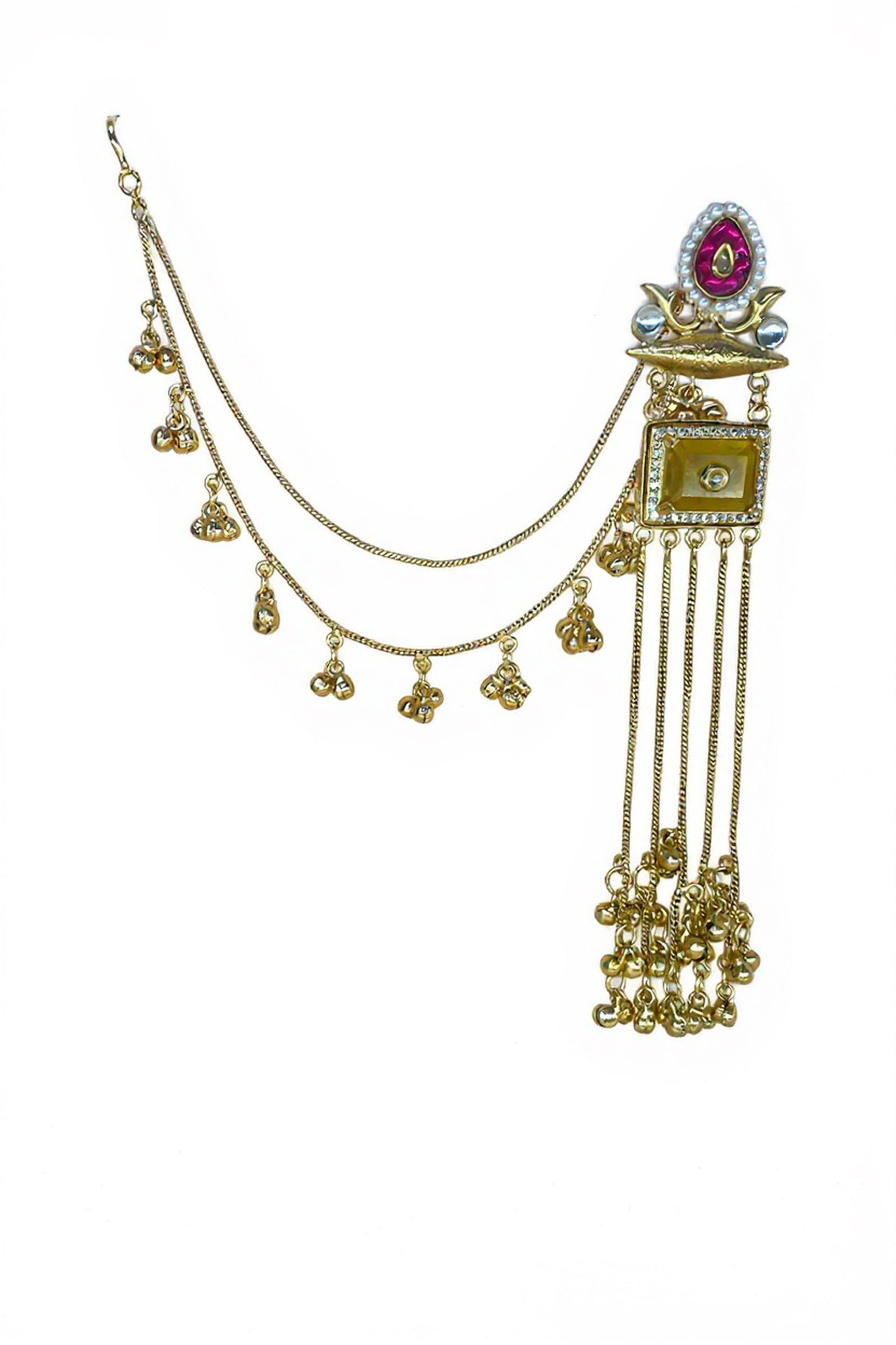 Gold-Tone Long Tassel Earrings with Pink Stone Top & Ghungroo Drops