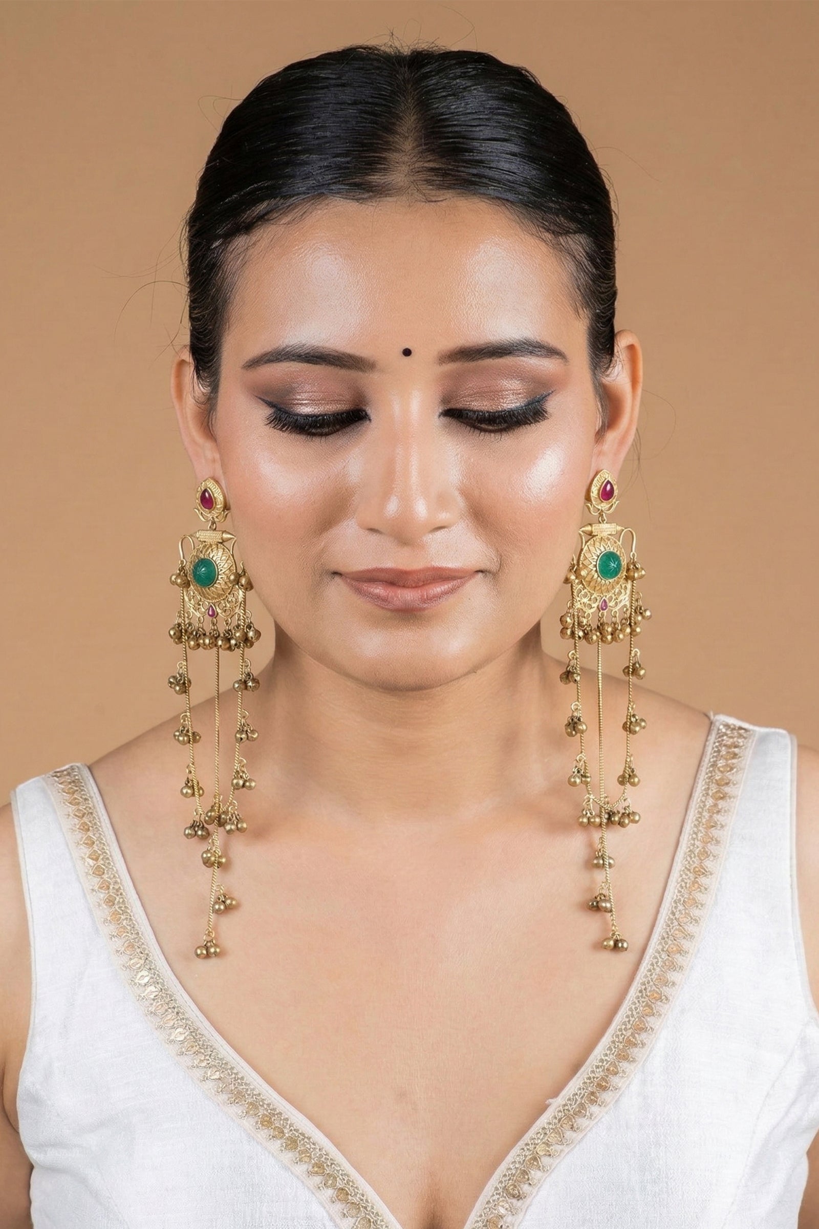 Royal Red & Green Stone Teardrop Earrings with Kanoti Chain