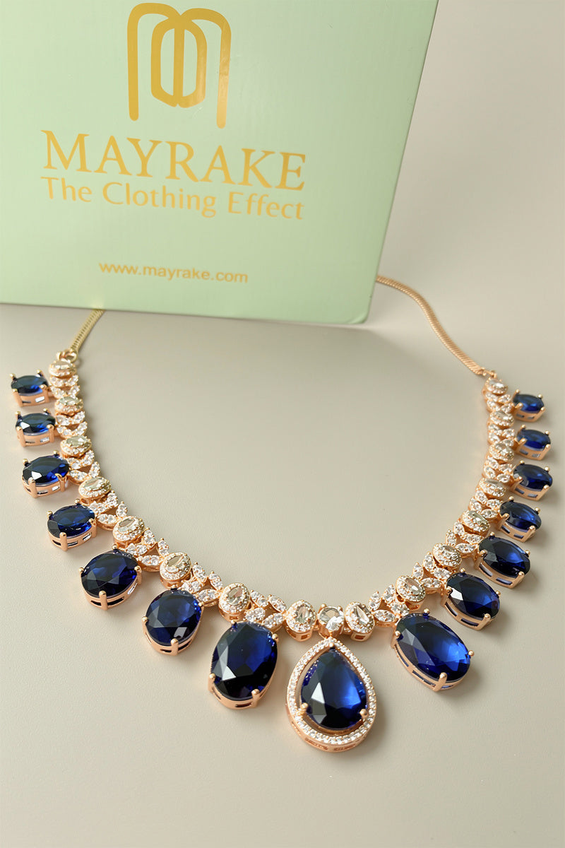 Emerald Teardrop Stone Necklace Set with American Diamond Detailing