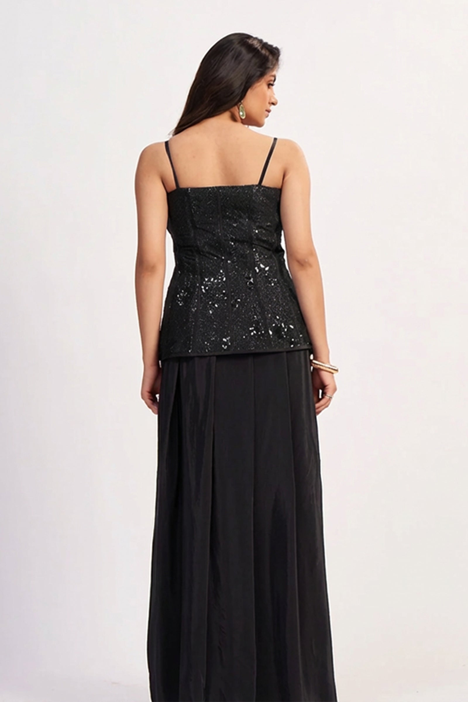 Black Crepe Silk Ready-to-Wear Drape Saree with Hand-Embroidered Sequin Corset Top
