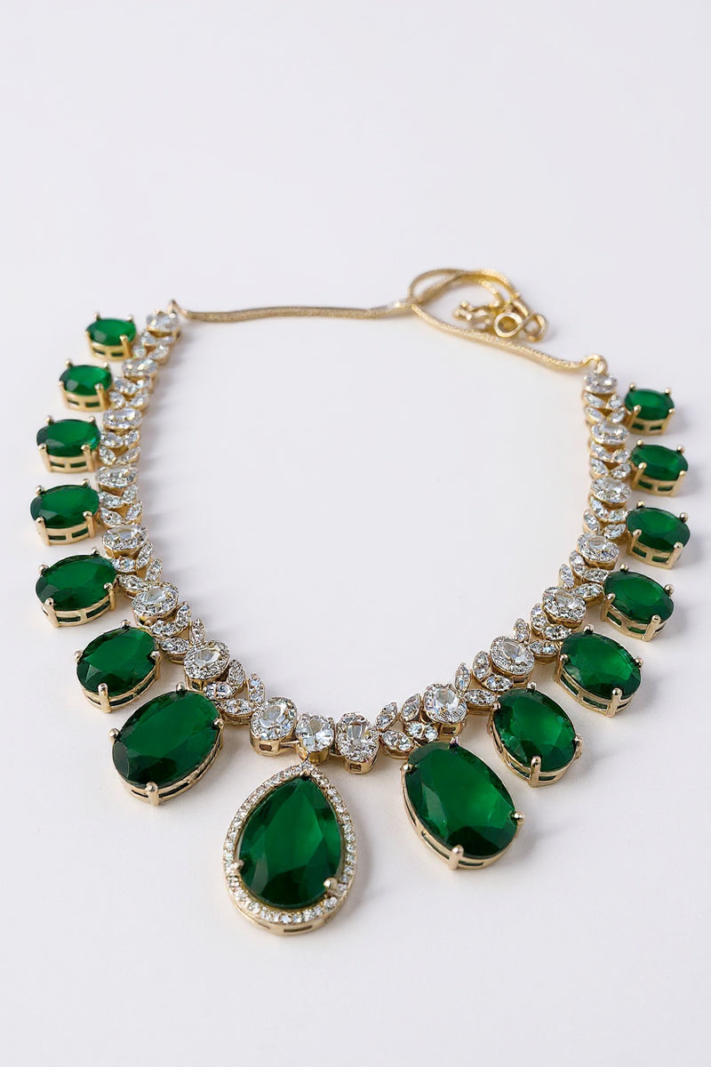 Sapphire Teardrop Stone Necklace Set with American Diamond Detailing