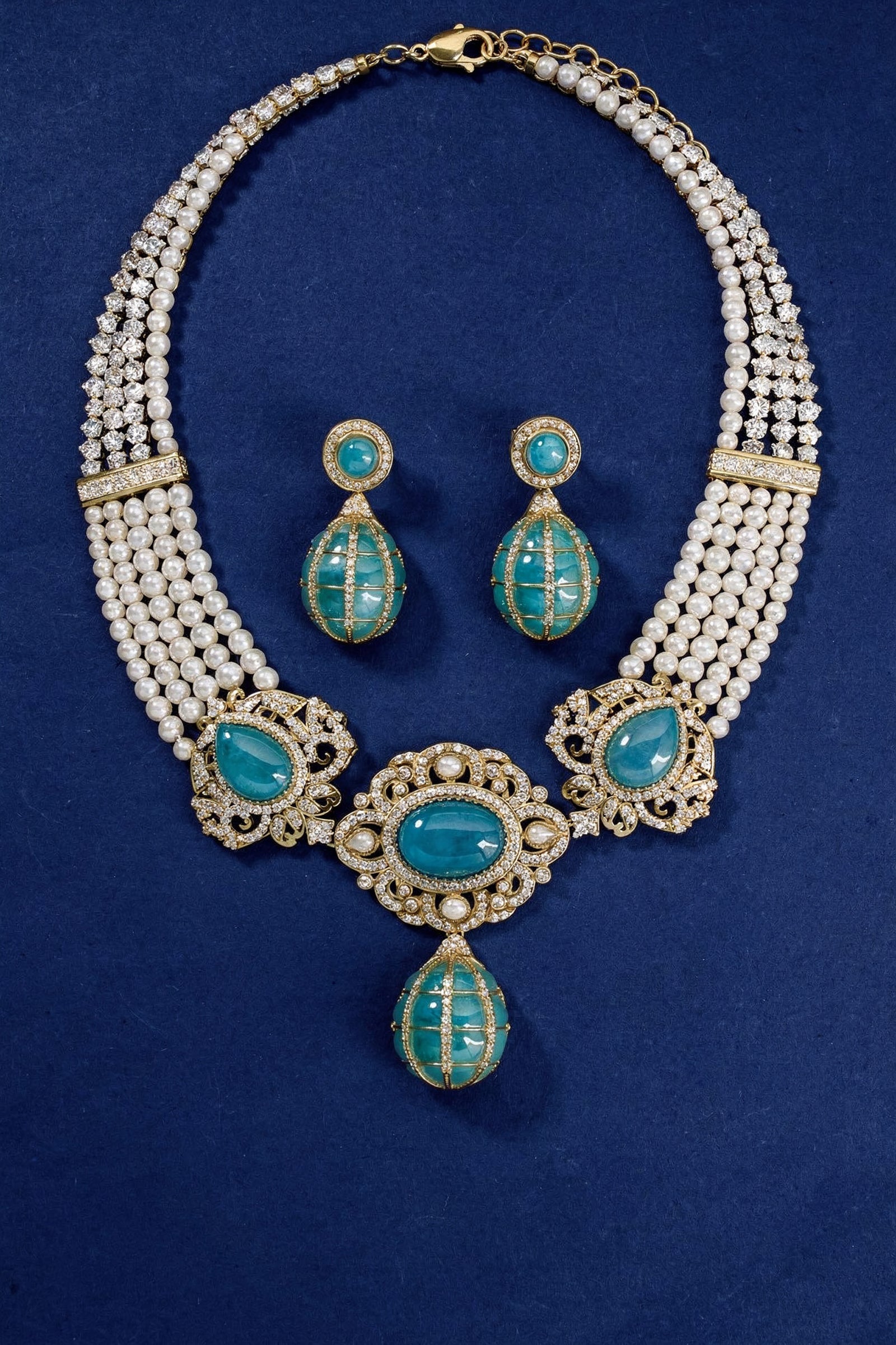 Turquoise Oval Stone Pearl Strand Necklace Set with Antique Golden Floral Detailing & Matching Drop Earrings