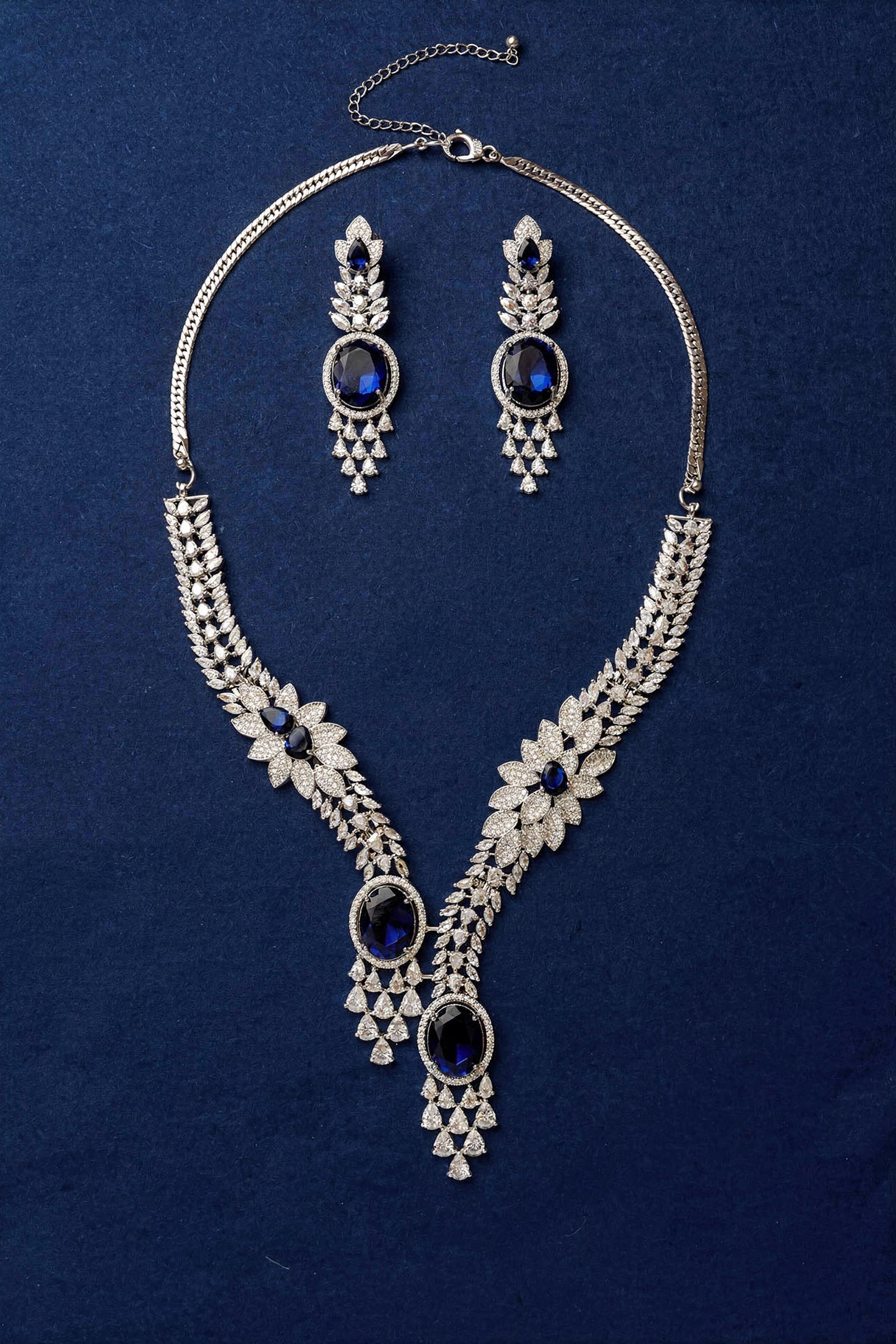 Blue & Silver-Tone Oval shaped American Diamond Necklace Set with Floral Motif
