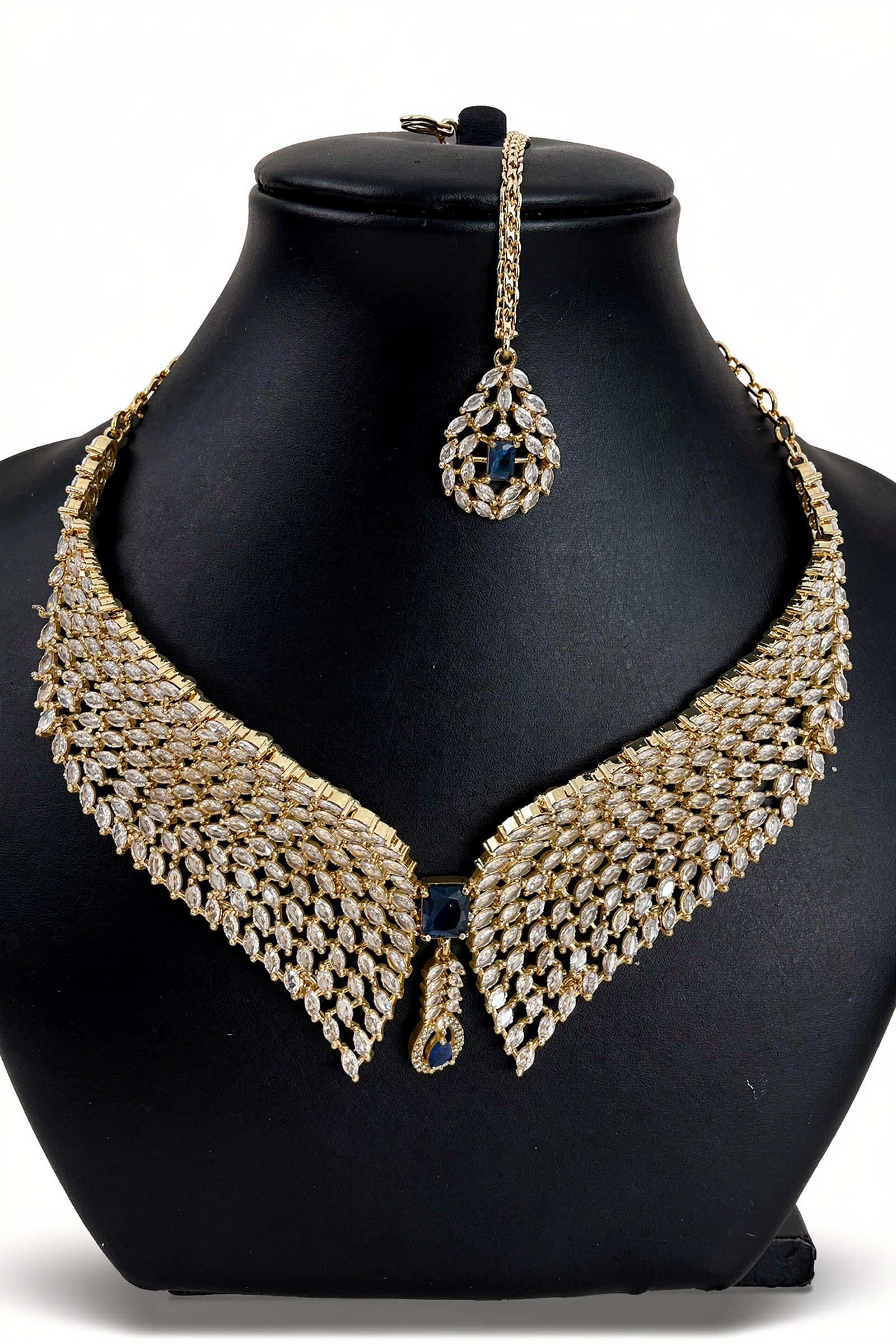 Gold Curved Diamond Collar Necklace with Midnight Blue Center Stone & Matching Stud Earrings