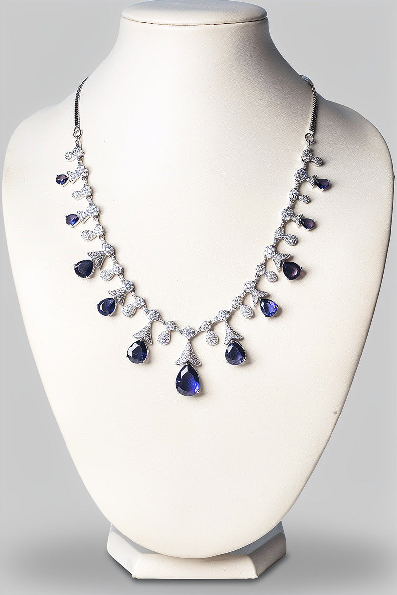 Midnight Blue Teardrop Stone Necklace Set with Floral Diamond-Studded Detailing