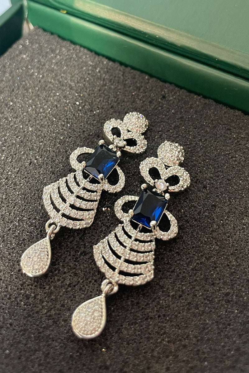 Midnight Blue Square-Cut Stone Necklace Set with Layered Diamond Fan Motif