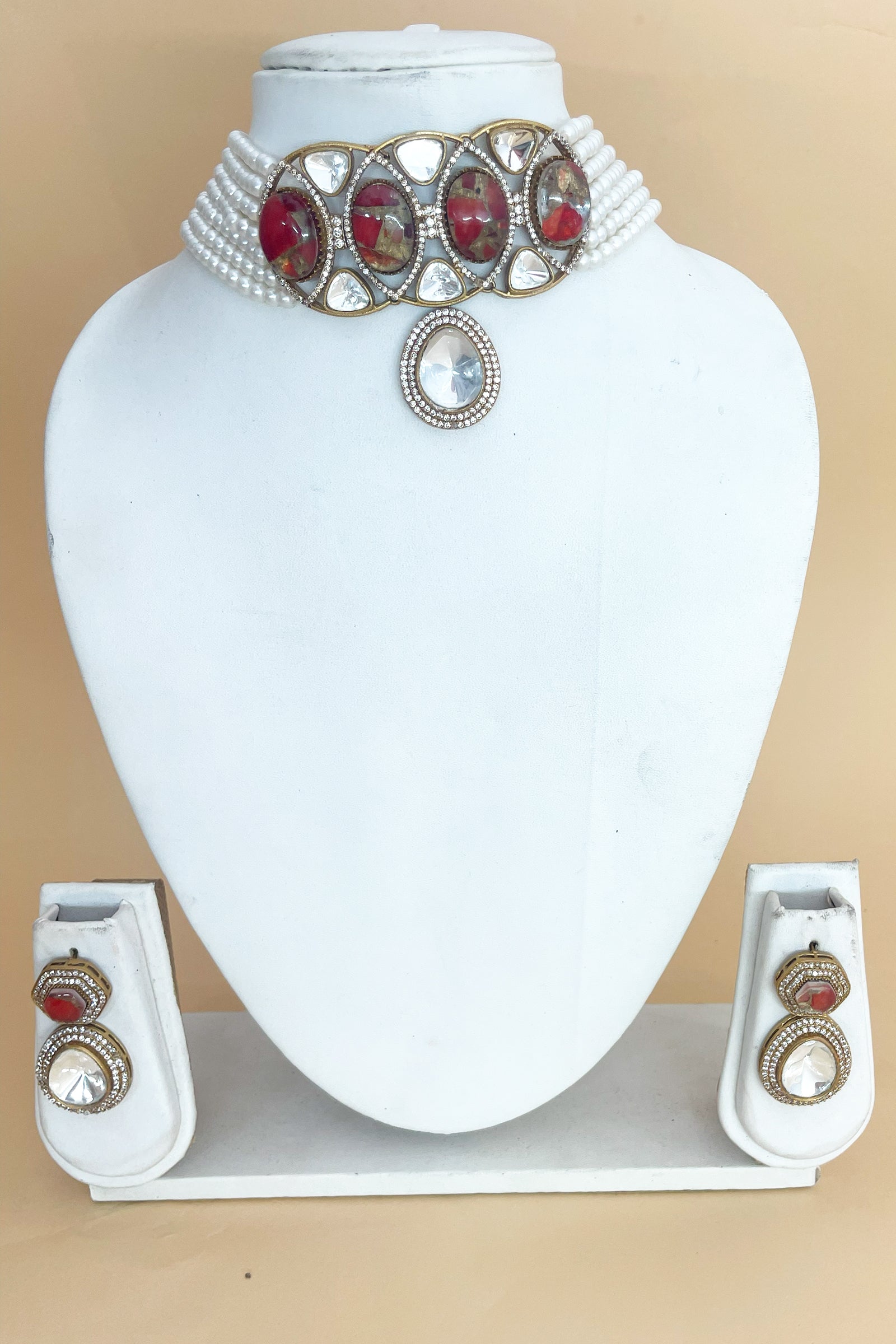 Pearl Multi-Strand Kundan Necklace Set with Red & White Teardrop Stones and Matching Earrings