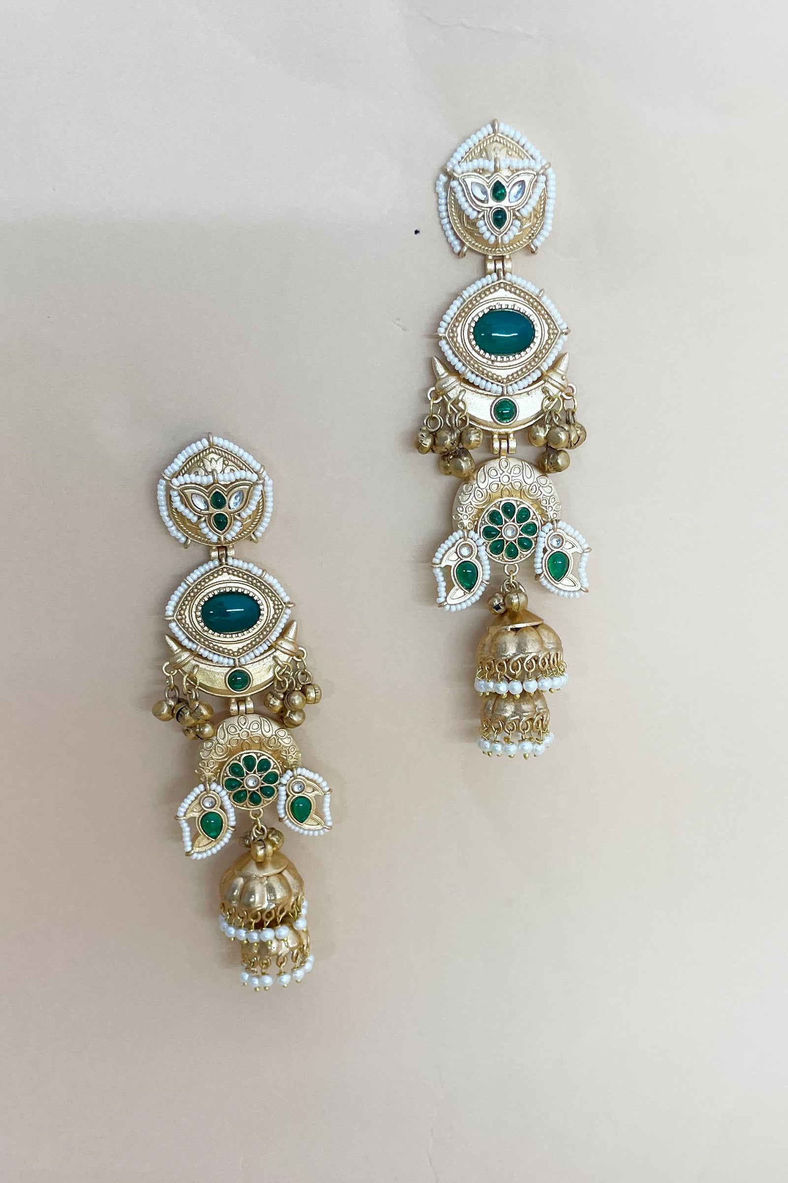 Royal Green Stone Golden Jhumka Earrings with Kanoti Chain