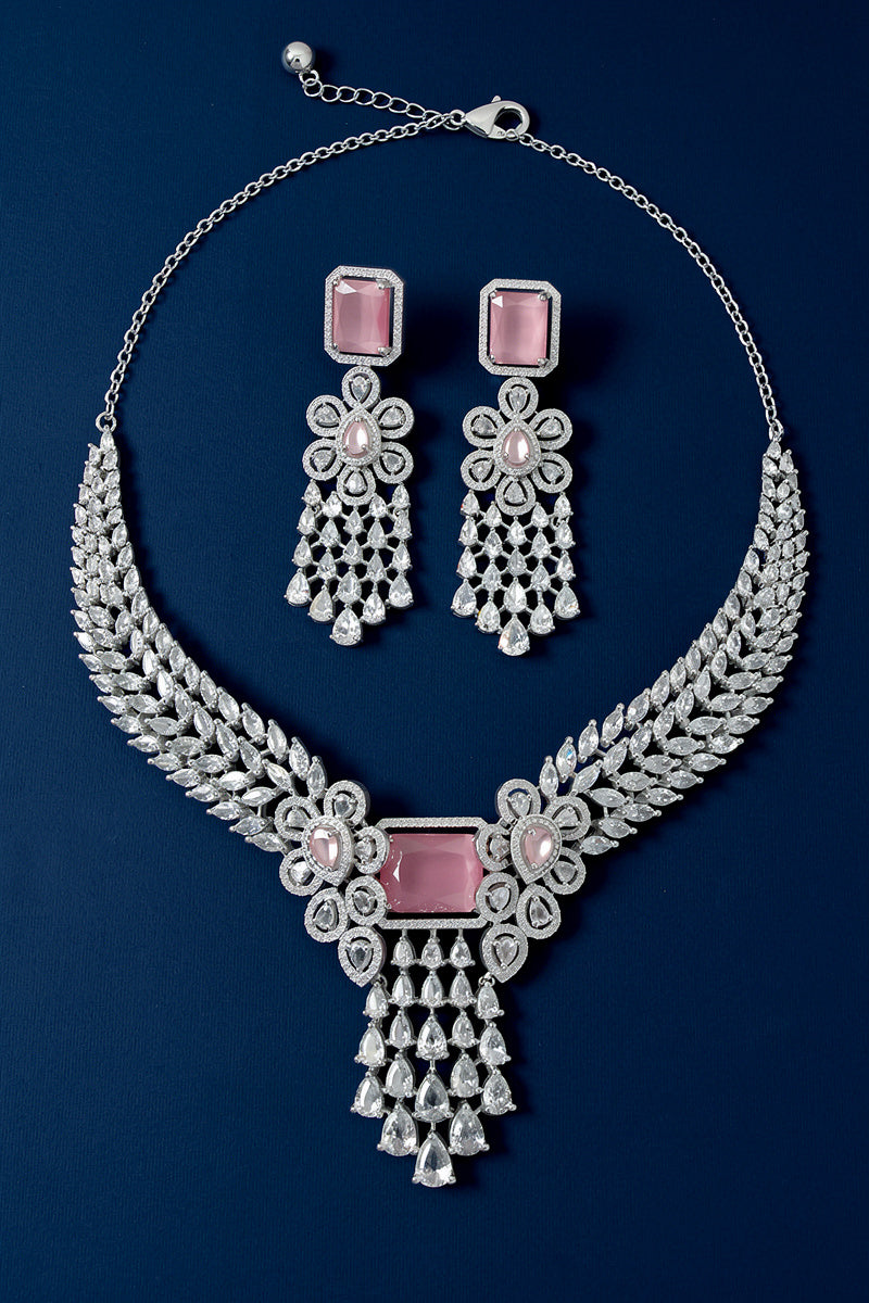 Pink Silver Tone American Diamond Necklace Set with Floral Motif