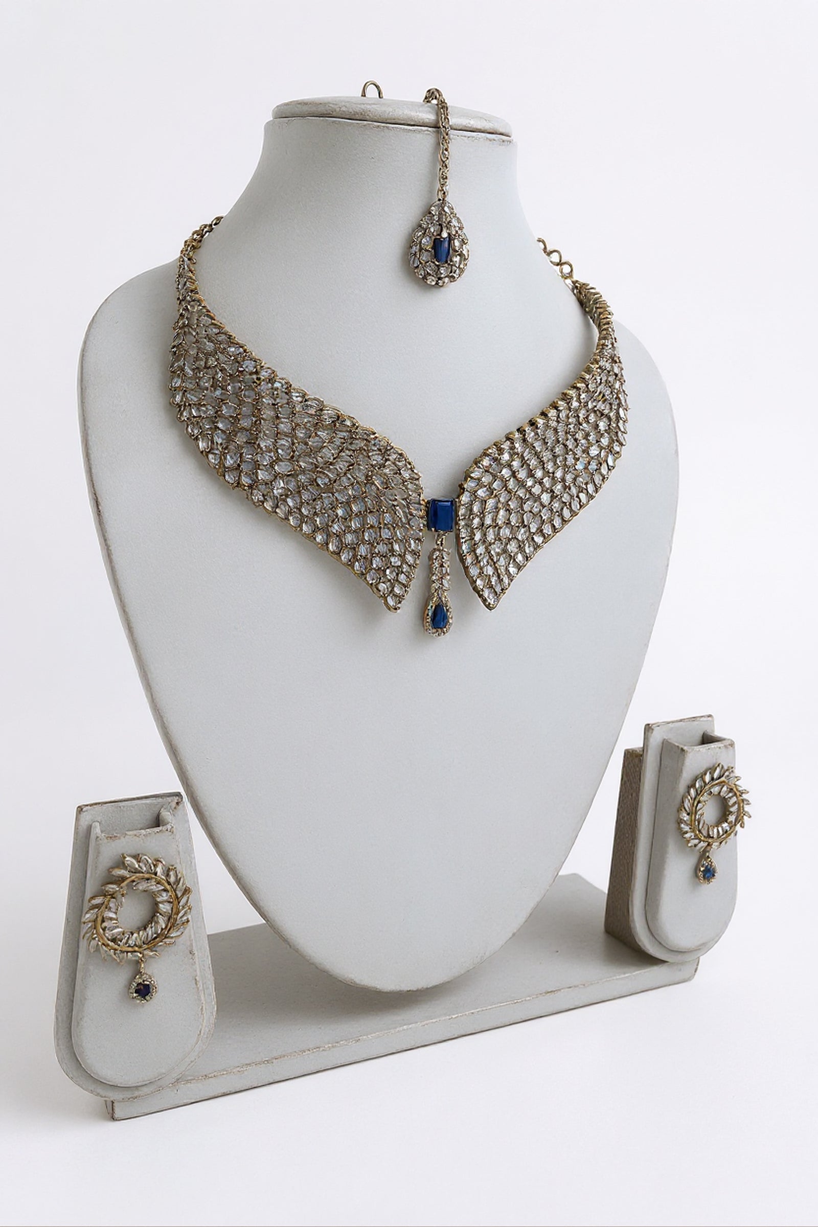 Gold Curved Diamond Collar Necklace with Midnight Blue Center Stone & Matching Stud Earrings