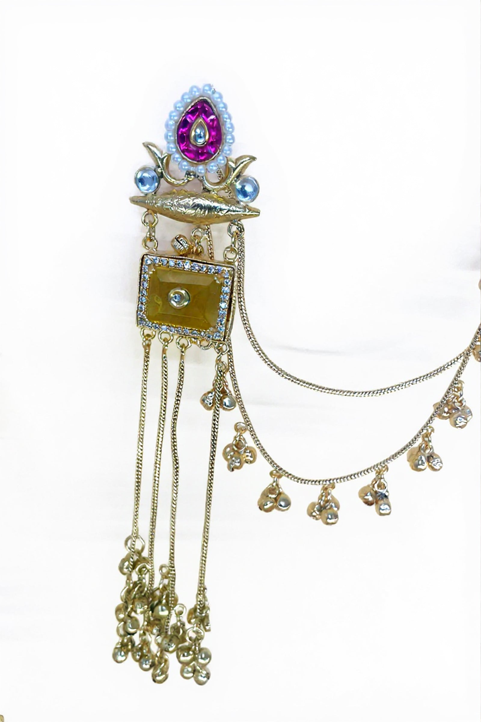 Gold-Tone Long Tassel Earrings with Pink Stone Top & Ghungroo Drops