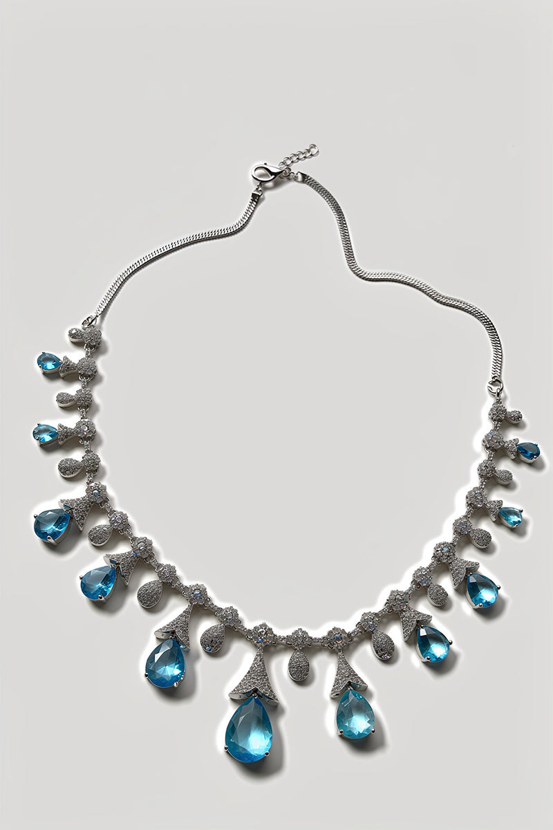 Sky Blue Teardrop Stone Necklace Set with Floral Diamond-Studded Detailing