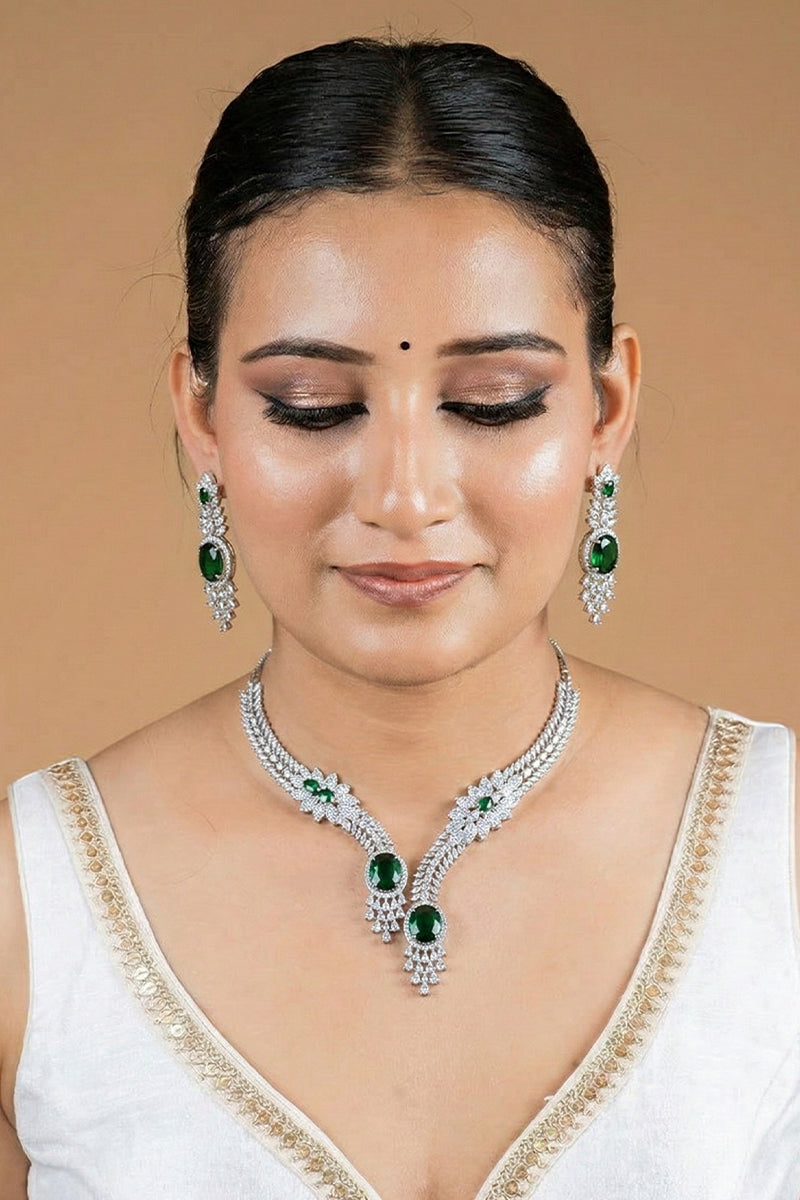 Green Silver-Tone Oval shaped American Diamond Necklace Set with Floral Motif