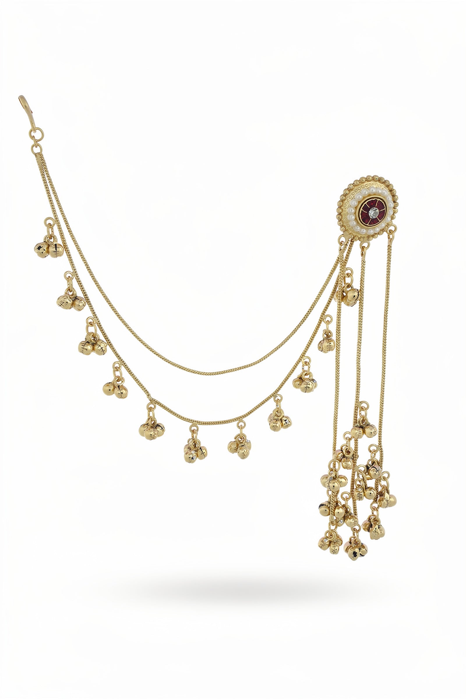 Gold-Tone Temple Earrings with Pearl Drops & Goddess Motif