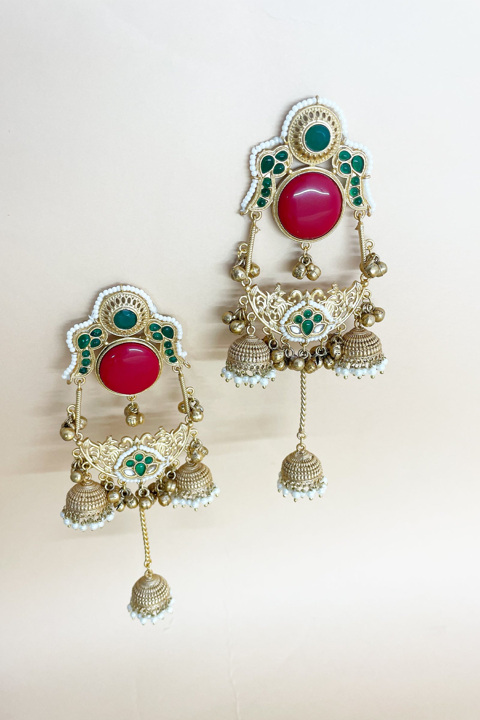 Royal Red & Green Kundan Golden Jhumka Earrings with Multi-Layer Kanoti