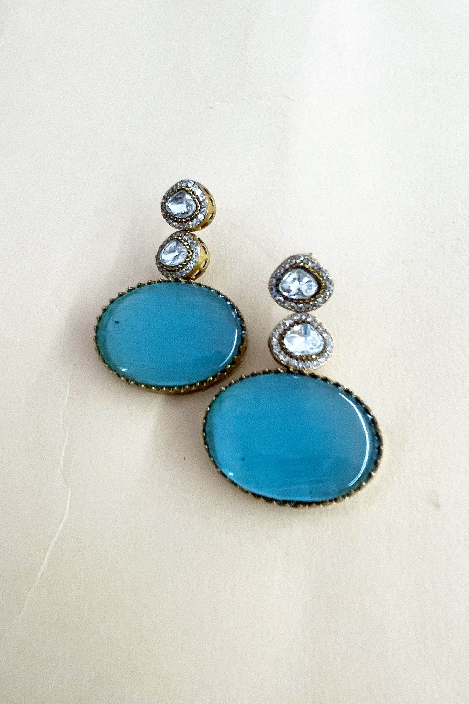 Sky Blue Multi-Strand Beaded Necklace with Antique Gold Oval Pendant & Matching Drop Earrings