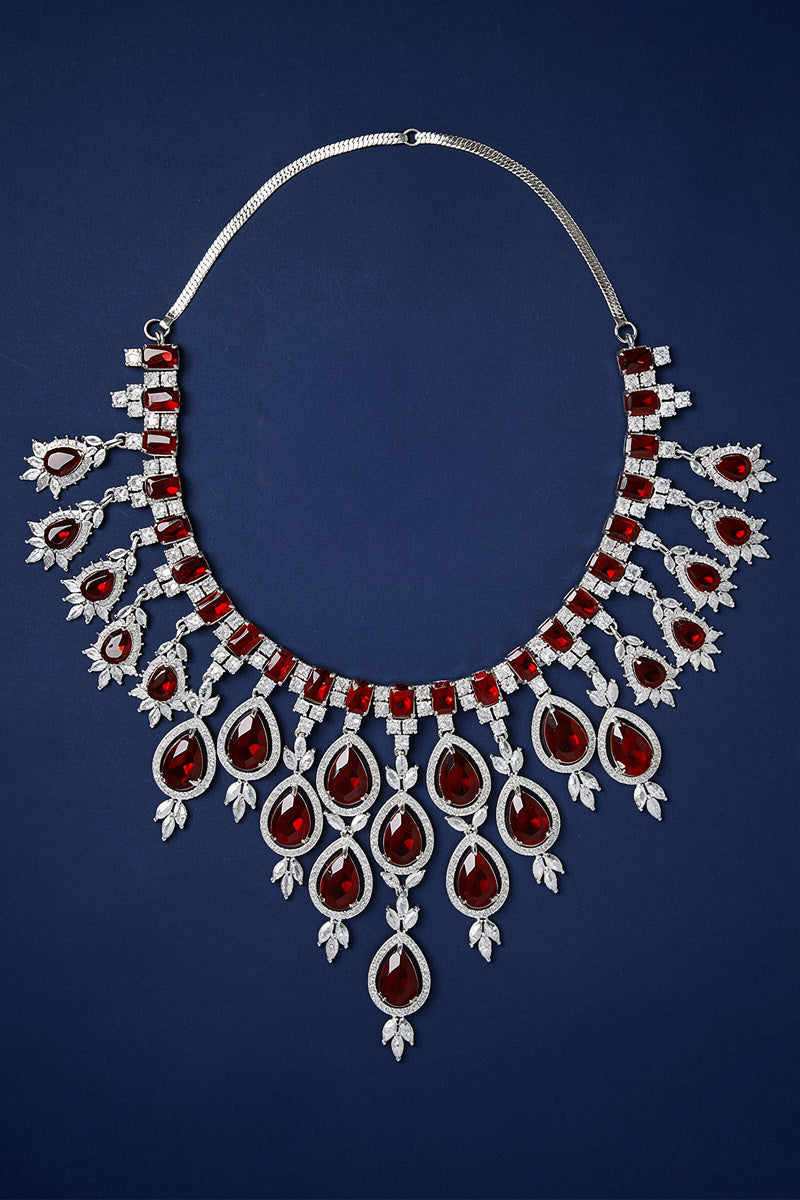 Royal Ruby Teardrop Diamond-Studded Statement Necklace with Cascading Drop Design